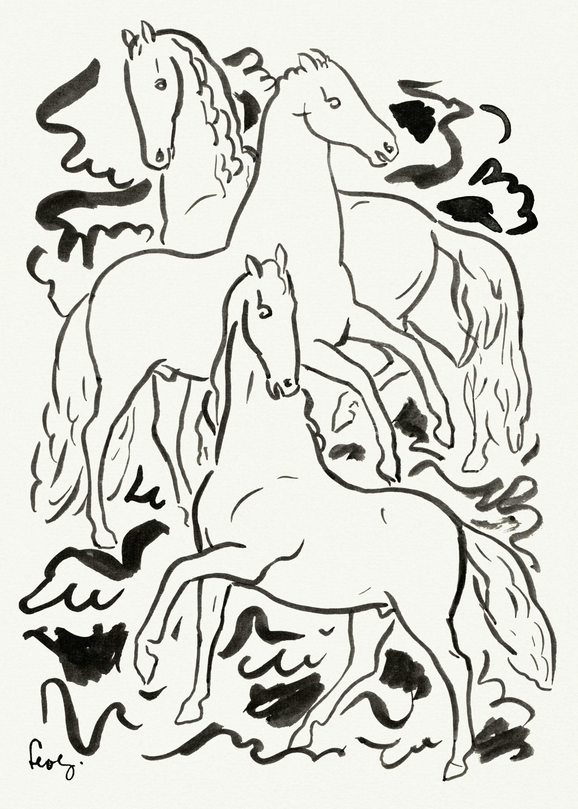 Black and white poster print of three horses with flowing manes and tails by Leo Gestel.