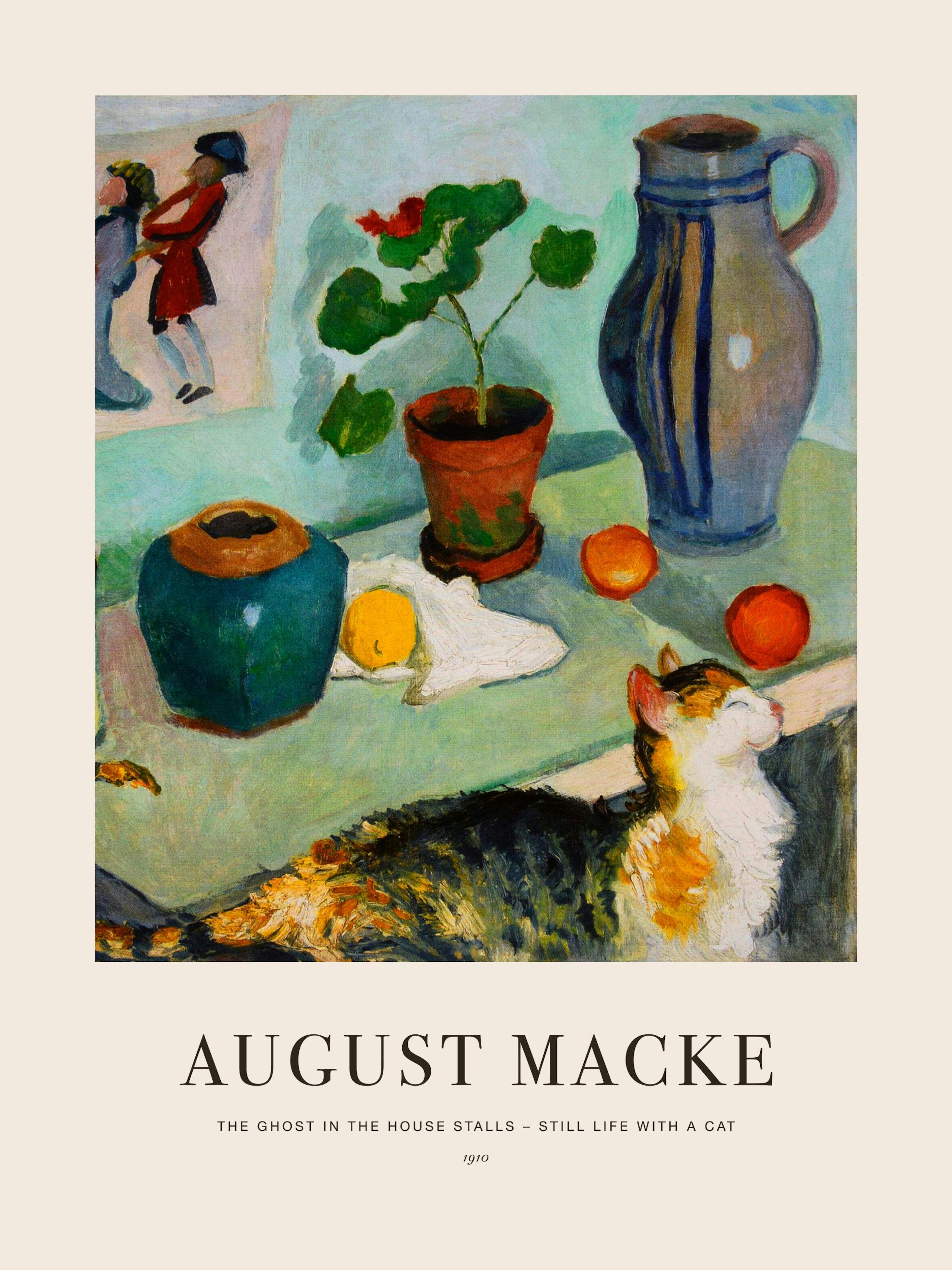 August Macke still life painting featuring a calico cat, potted plant, blue jug, and fruit on a table.