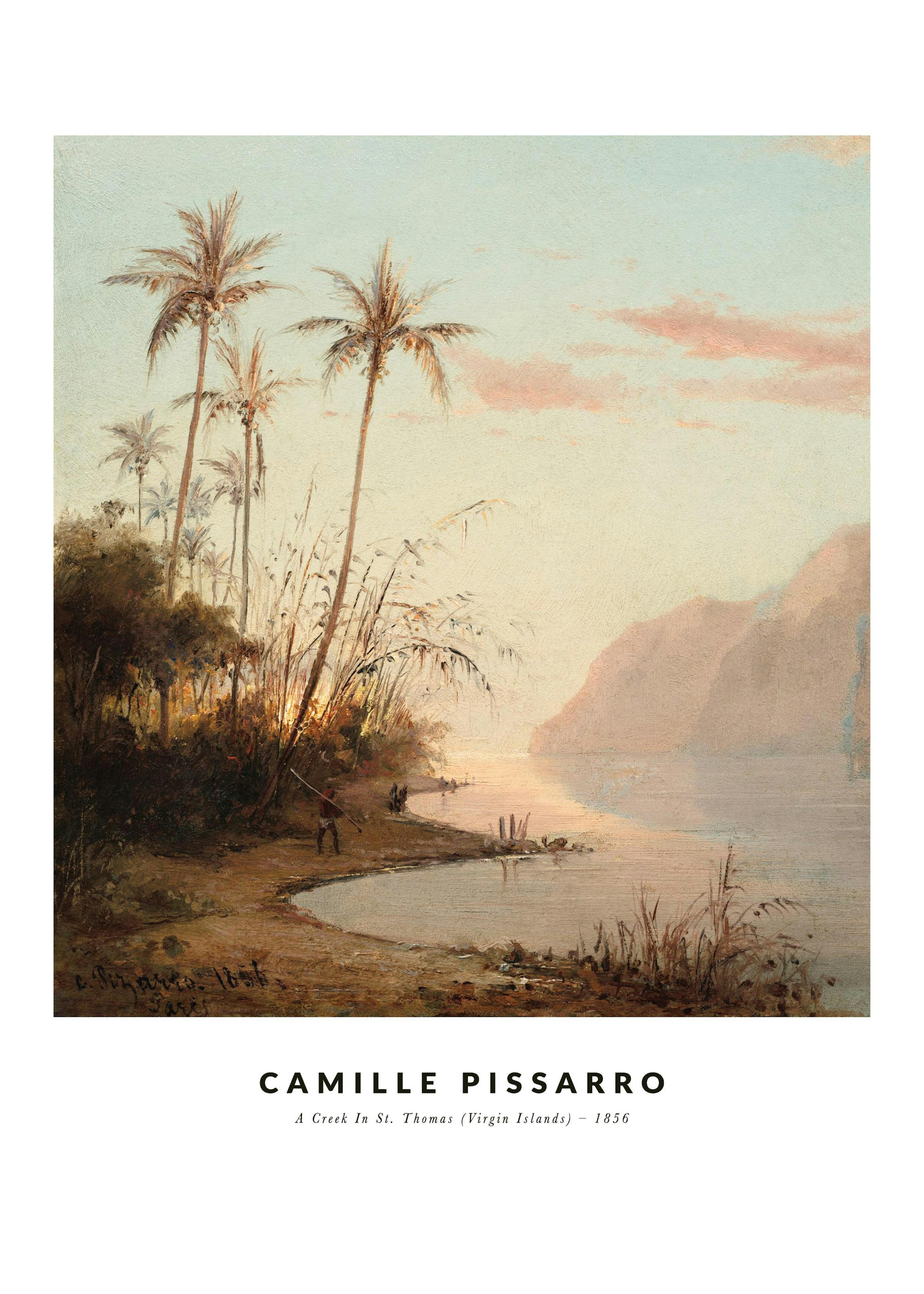 Ölgemälde von Pissarro: Bach auf St. Thomas, Jungferninseln, mit üppigen Palmen und türkisfarbenem Wasser bei Sonnenuntergang.