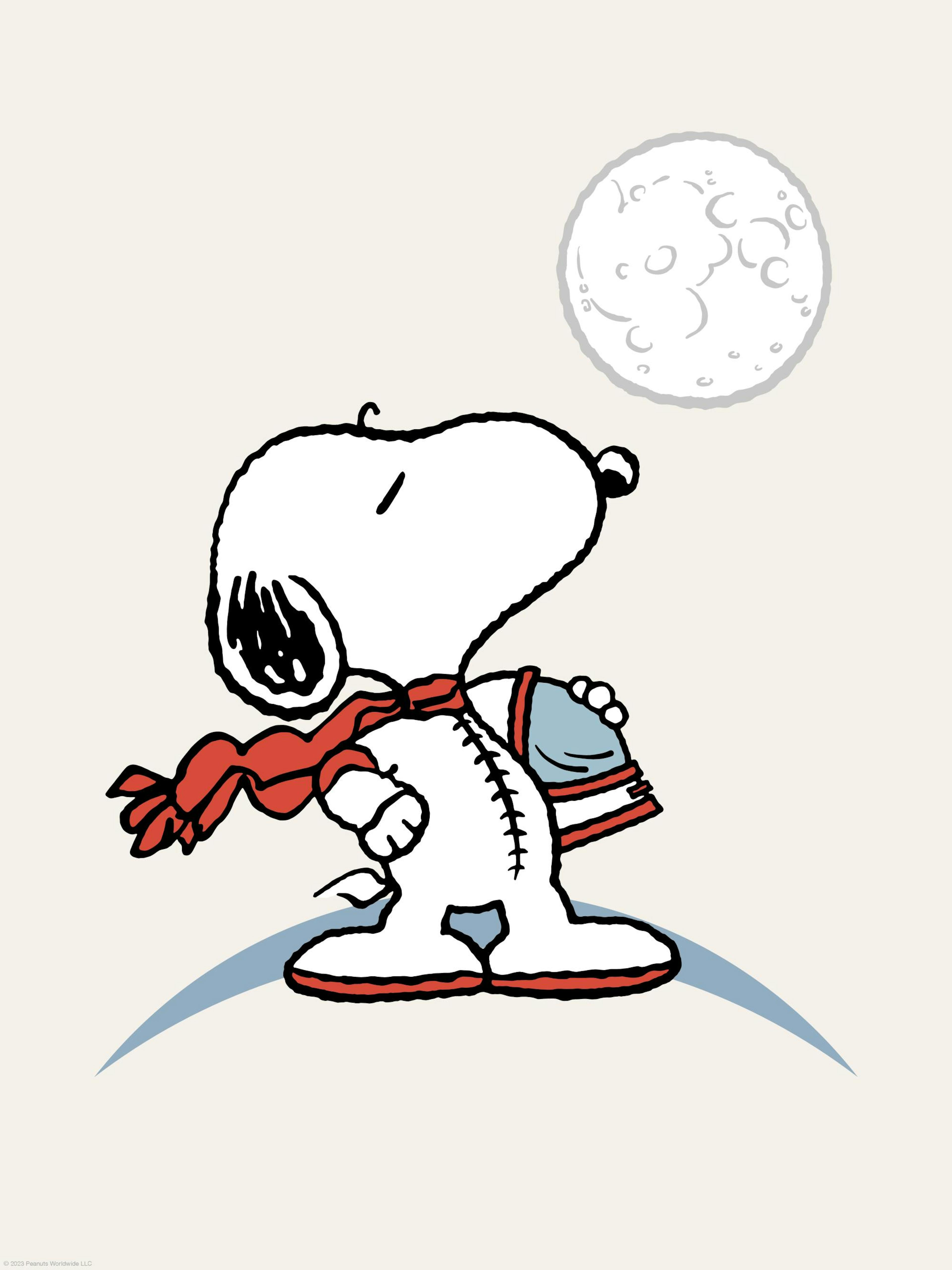 Snoopy de astronaut kijkt naar de maan, gekleed in een wit ruimtepak met rode sjaal en blauwe accenten.