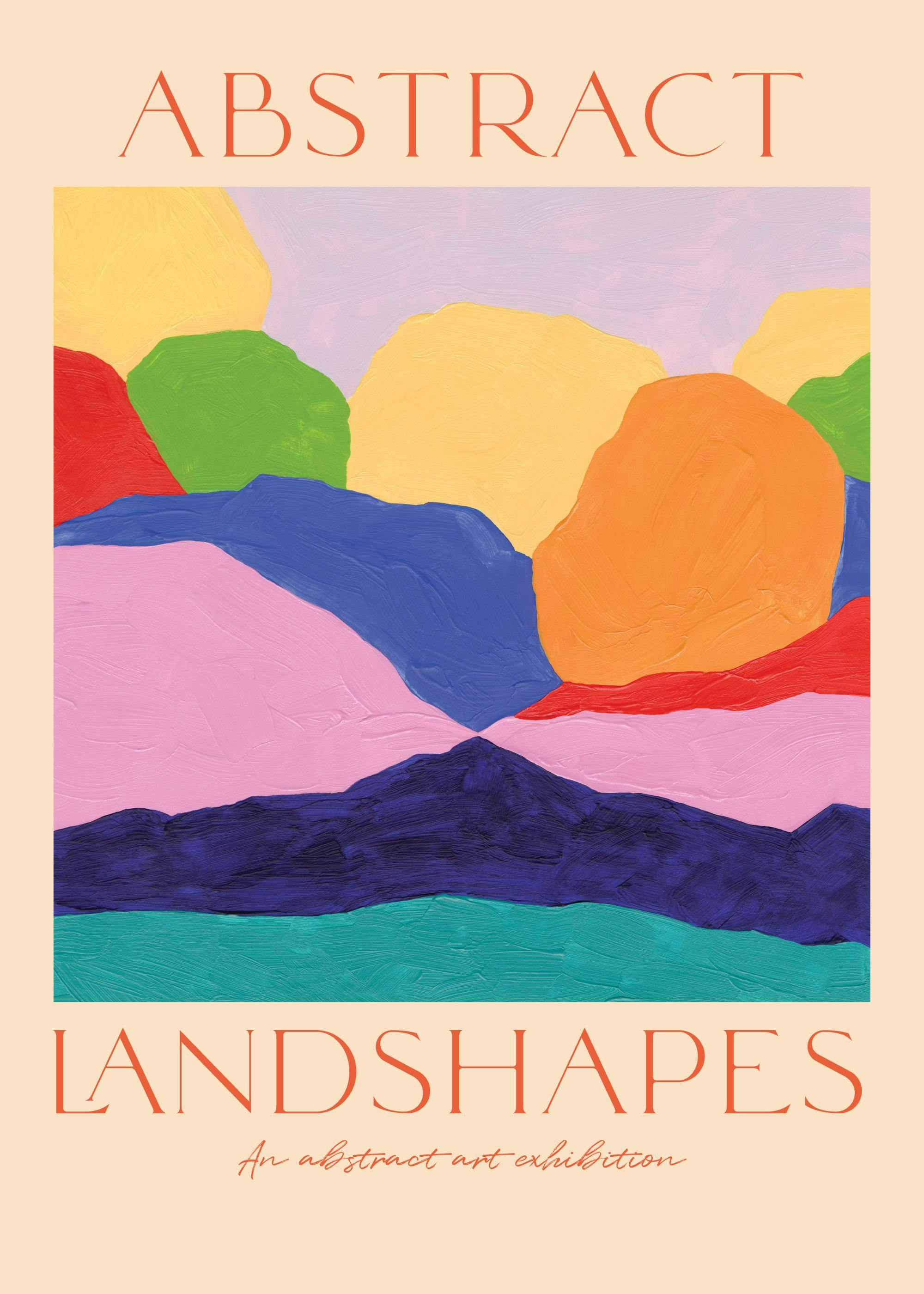 Abstract landshapes poster print with colorful, layered forms and textured brushstrokes.
