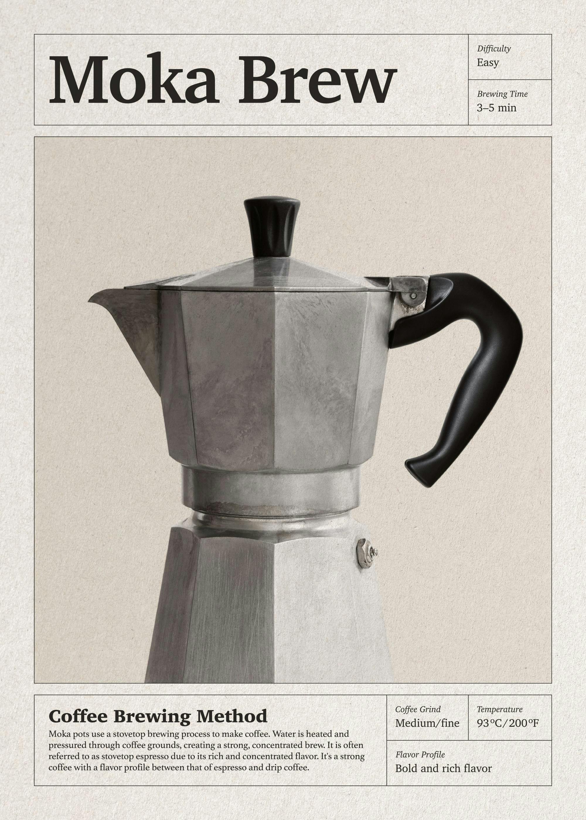 Beige Moka coffee pot poster with textured detail, vintage style, modern design.