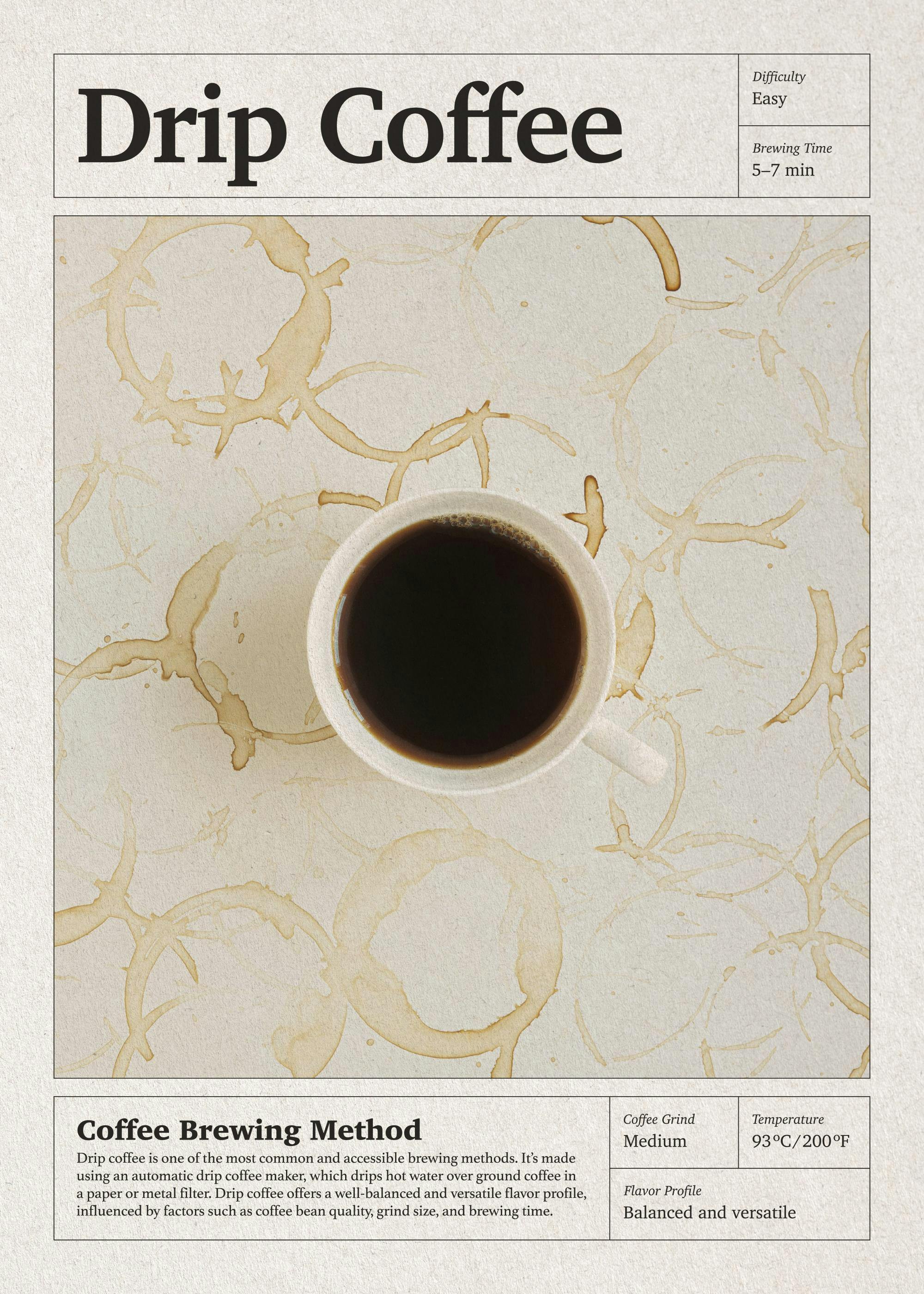 Poster beige con tazza di caffè nero e macchie di caffè, design moderno per la cucina.