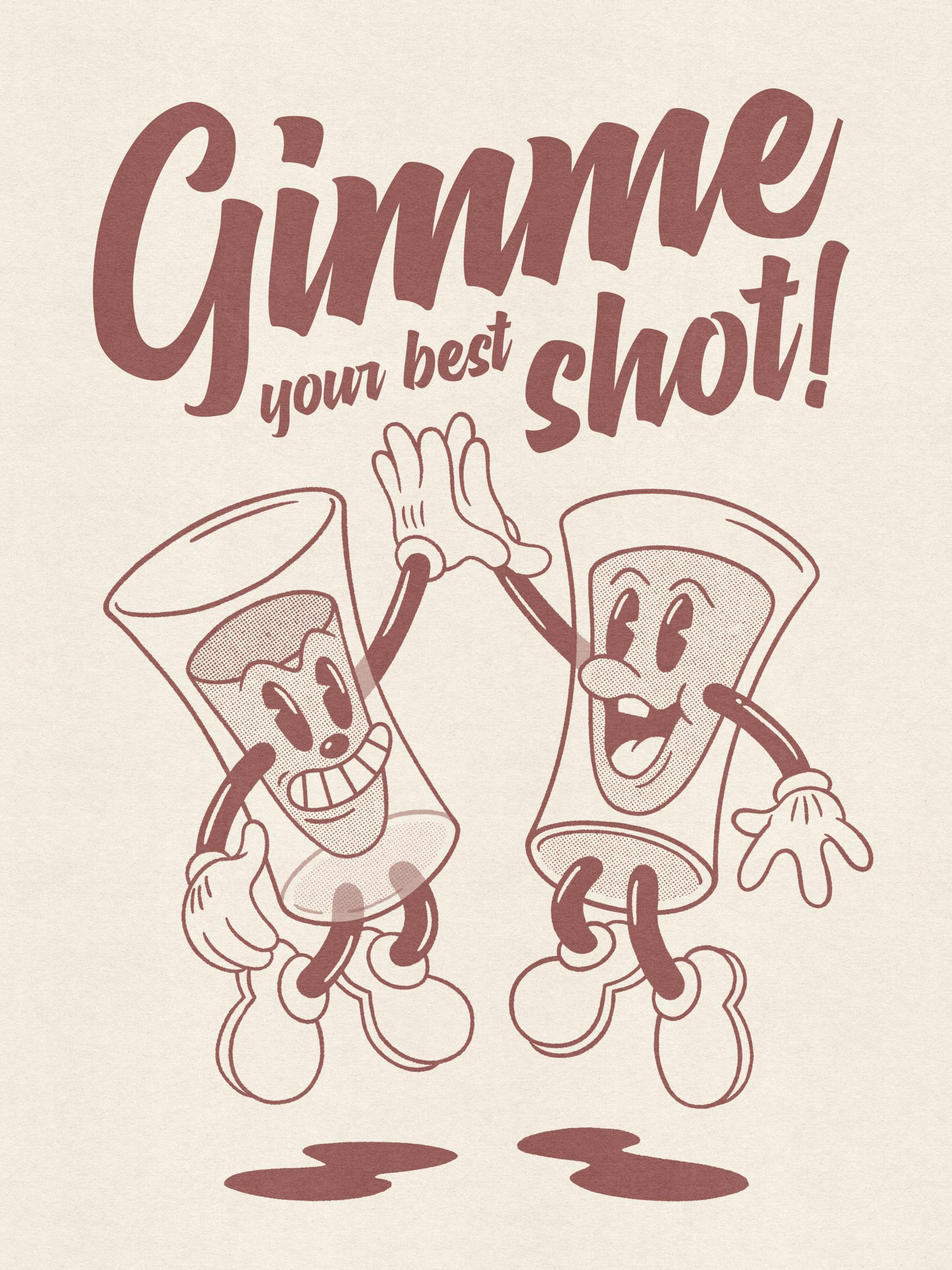 Affiche vintage illustration de deux verres de cocktail avec des visages, se donnant un high five, avec le texte Gimme your best