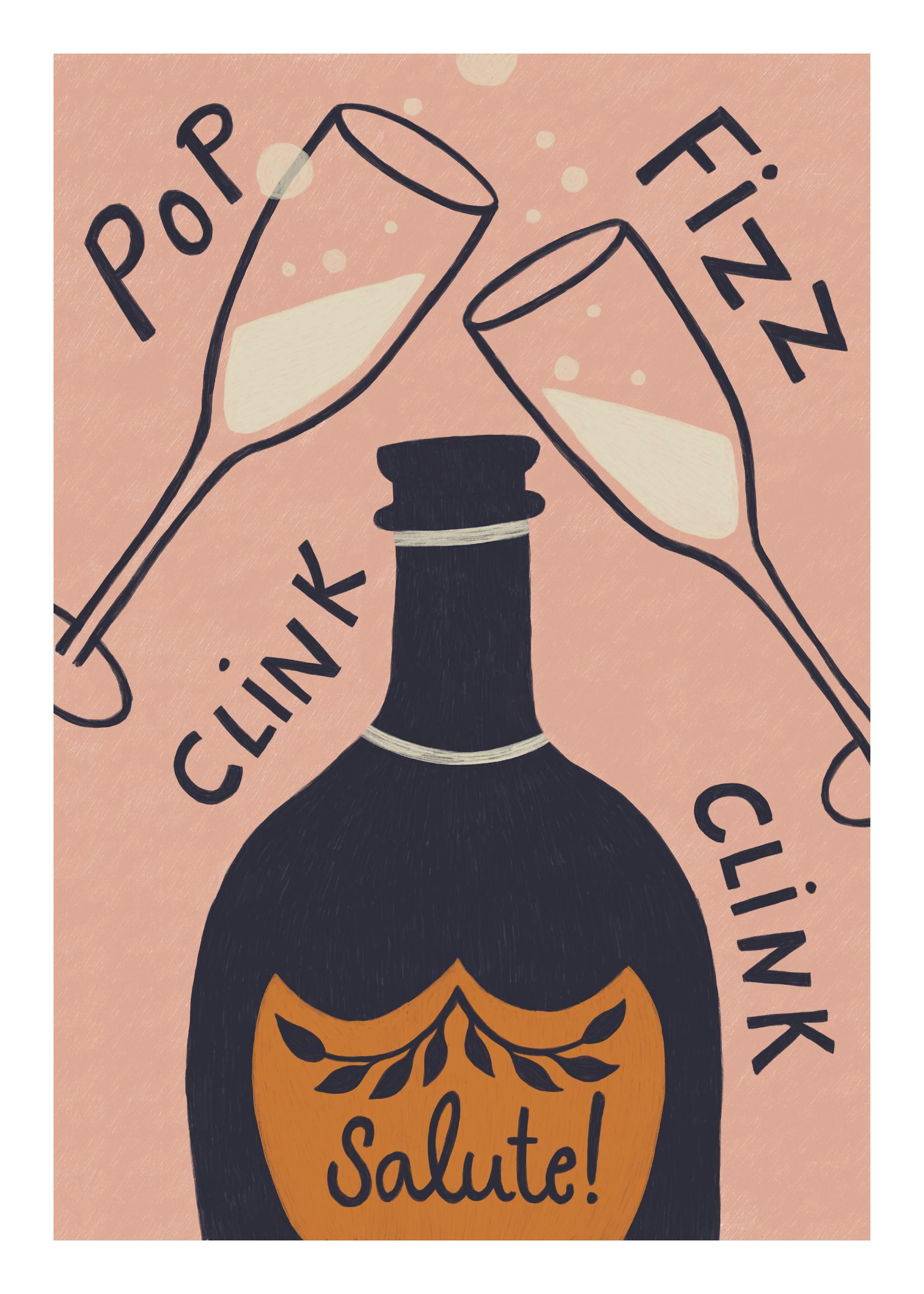 Poster di bottiglia di champagne scuro con due bicchieri, bollicine, scritte Pop, Fizz, Clink e Salute! su sfondo rosa.