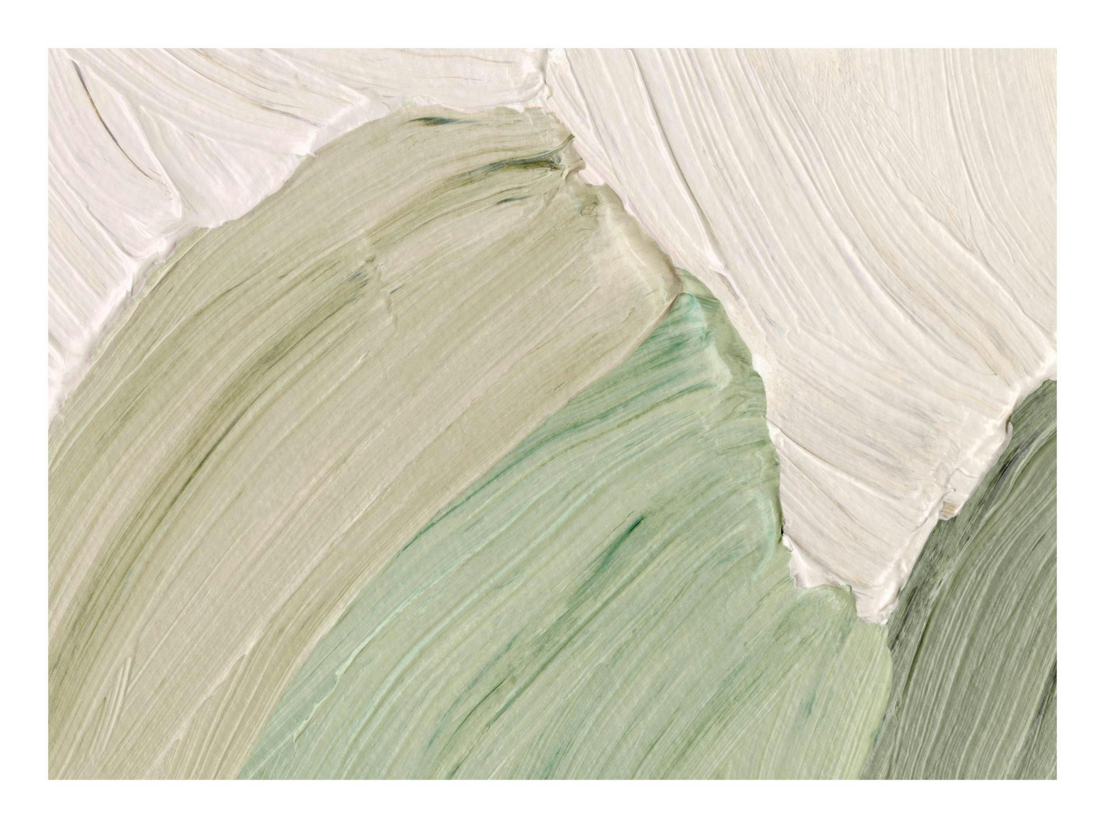 Abstracte poster met dikke vegen in salie, mintgroen en wit, handgeschilderd kunstwerk
