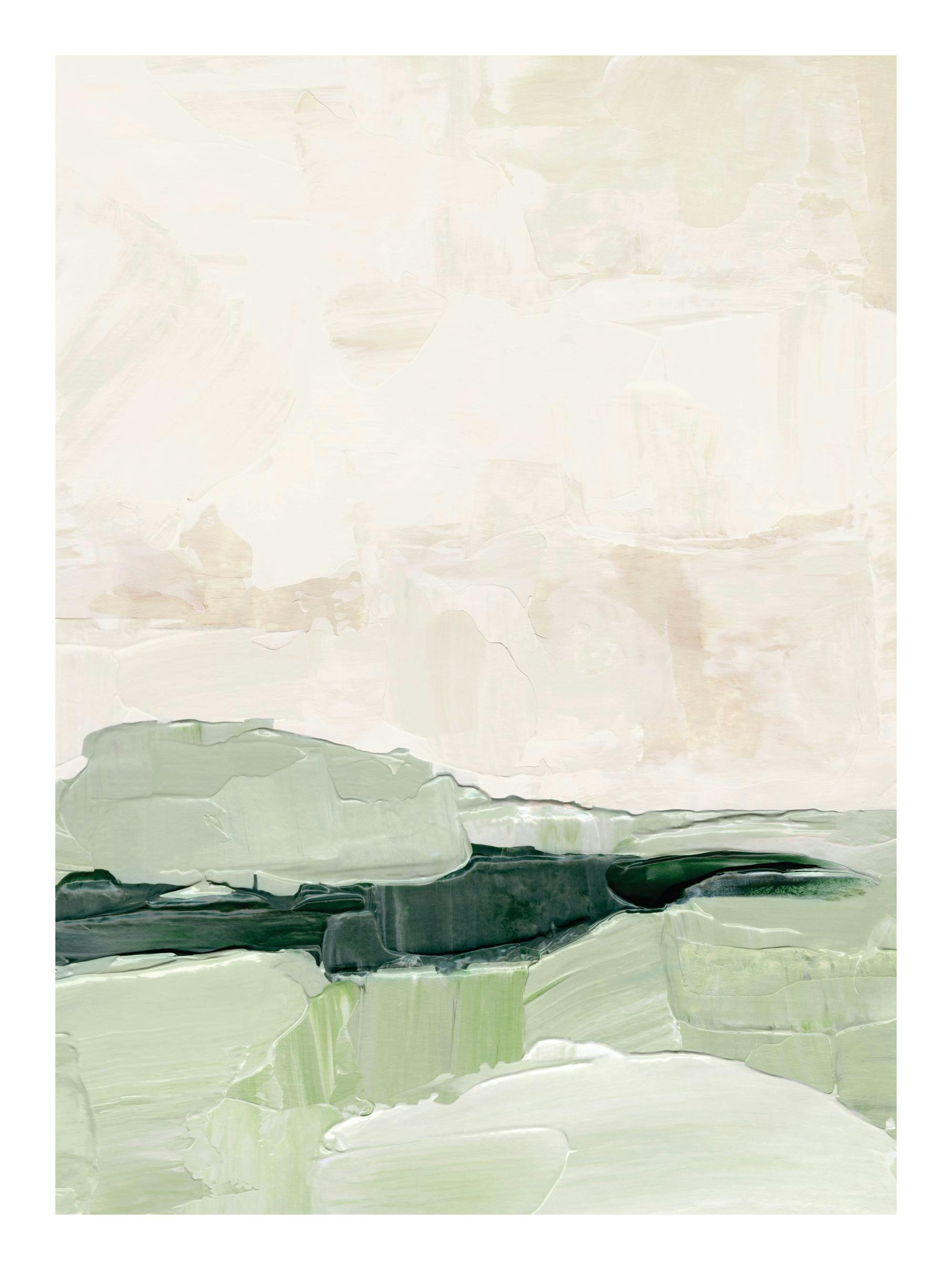 Αφηρημένη τοπιογραφία με υφές φασκόμηλου, πράσινες αποχρώσεις και ήρεμο ουρανό.