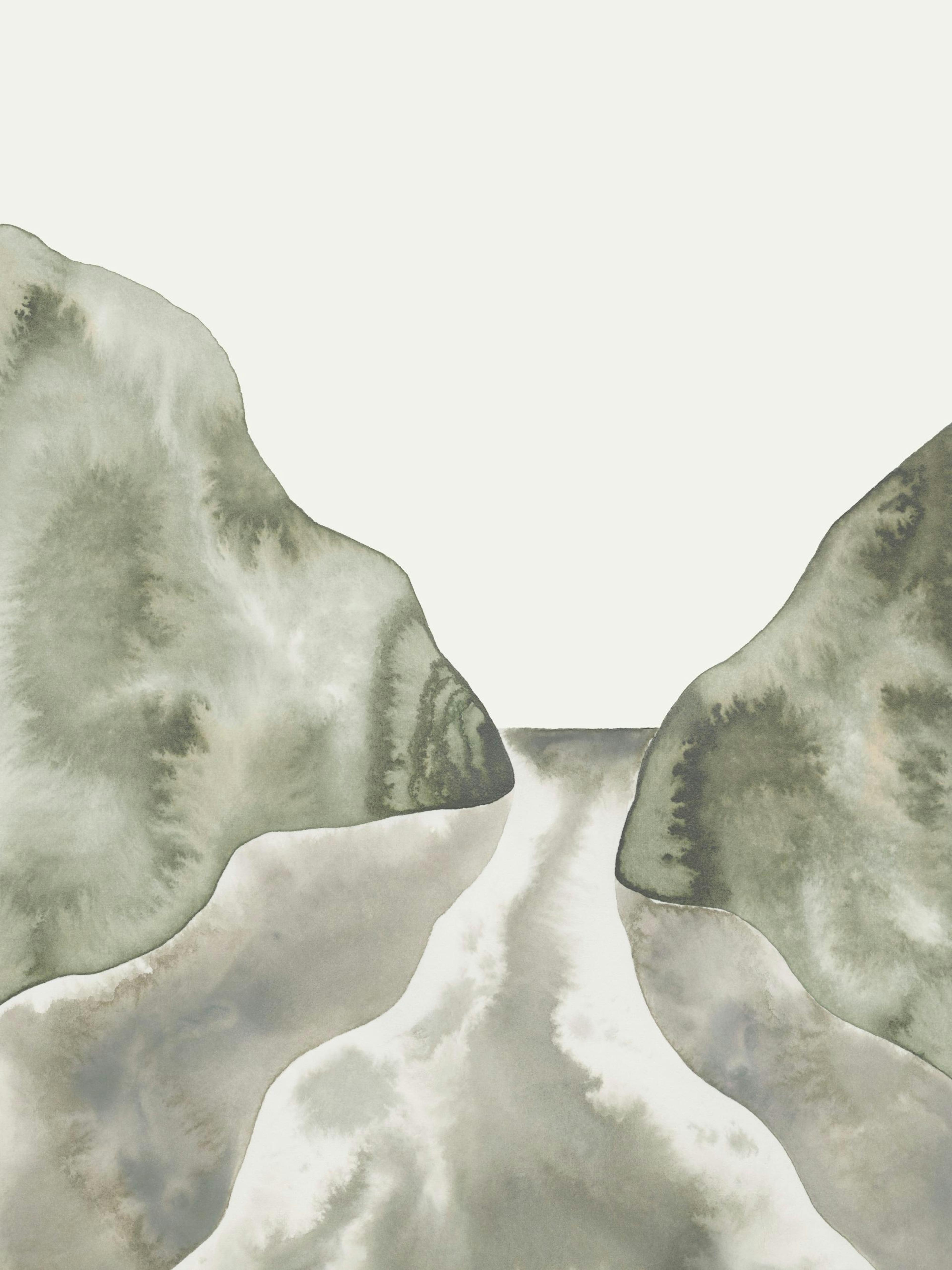 Aquarell-Poster des Flusses zwischen harmonischen Bergen, ruhige Naturlandschaft in Grüntönen.