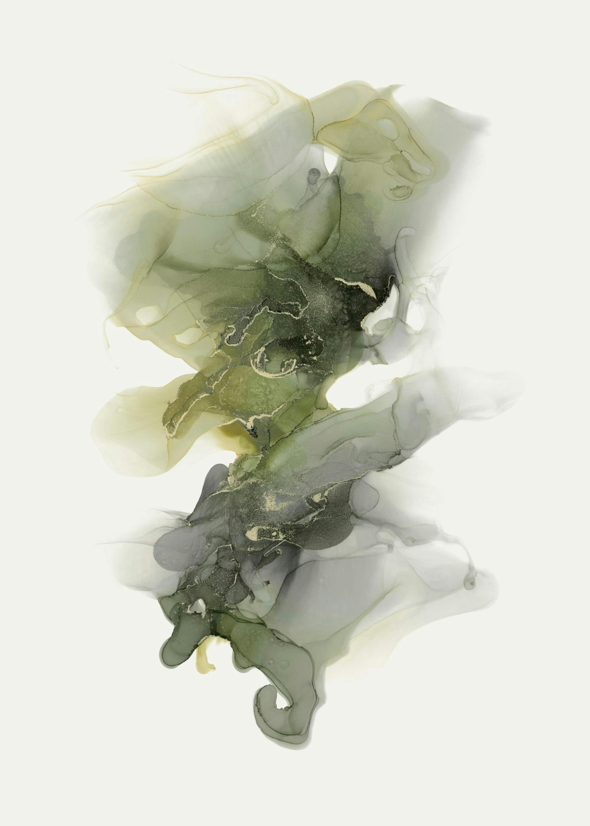 Moss green abstract poster print with flowing dark green, light green, and gray ink art