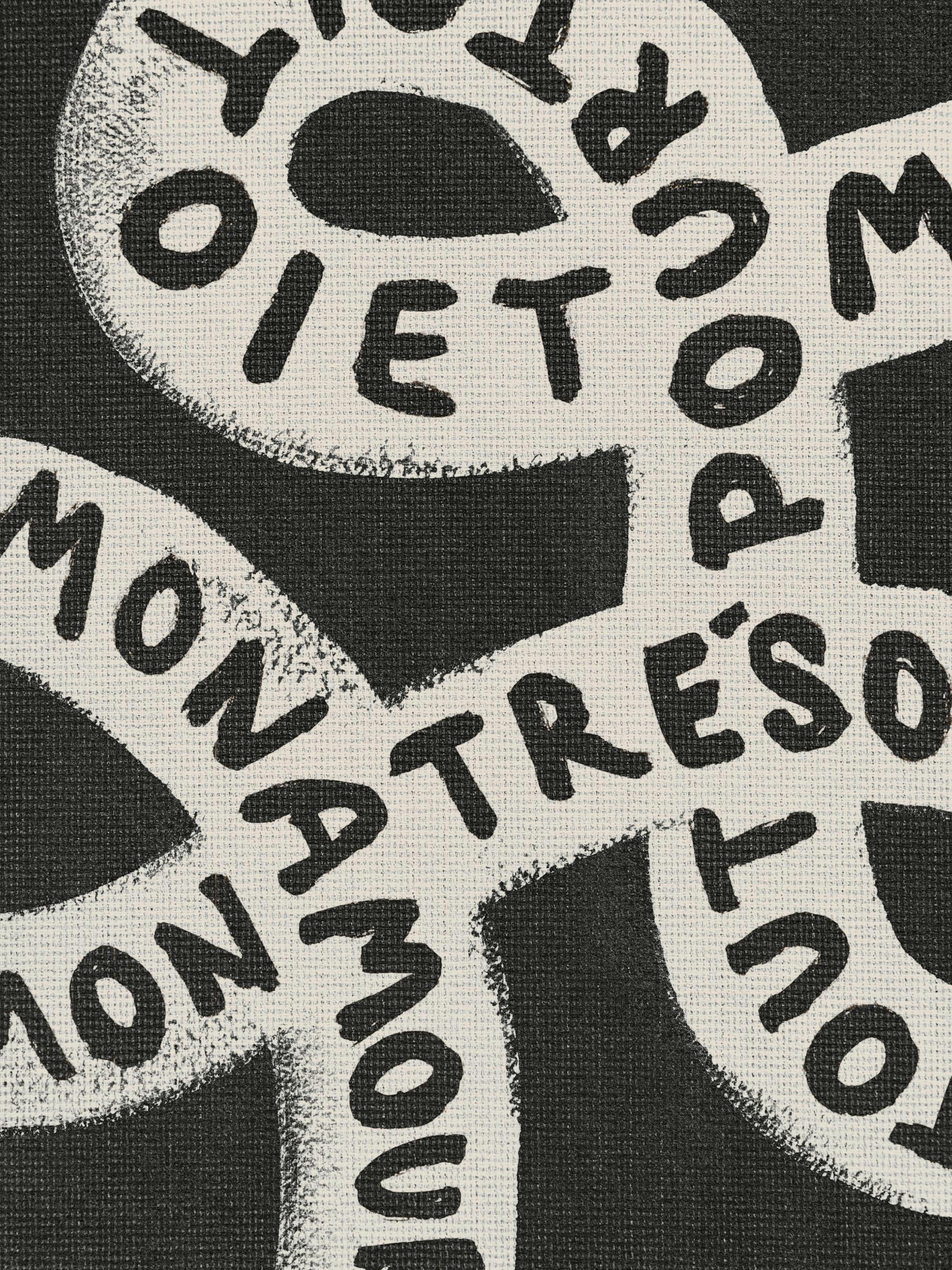 Zwart-wit handgeschilderde poster met in elkaar grijpende Franse woorden zoals Mon Amour en Mon Trésor in een uniek lettertype.