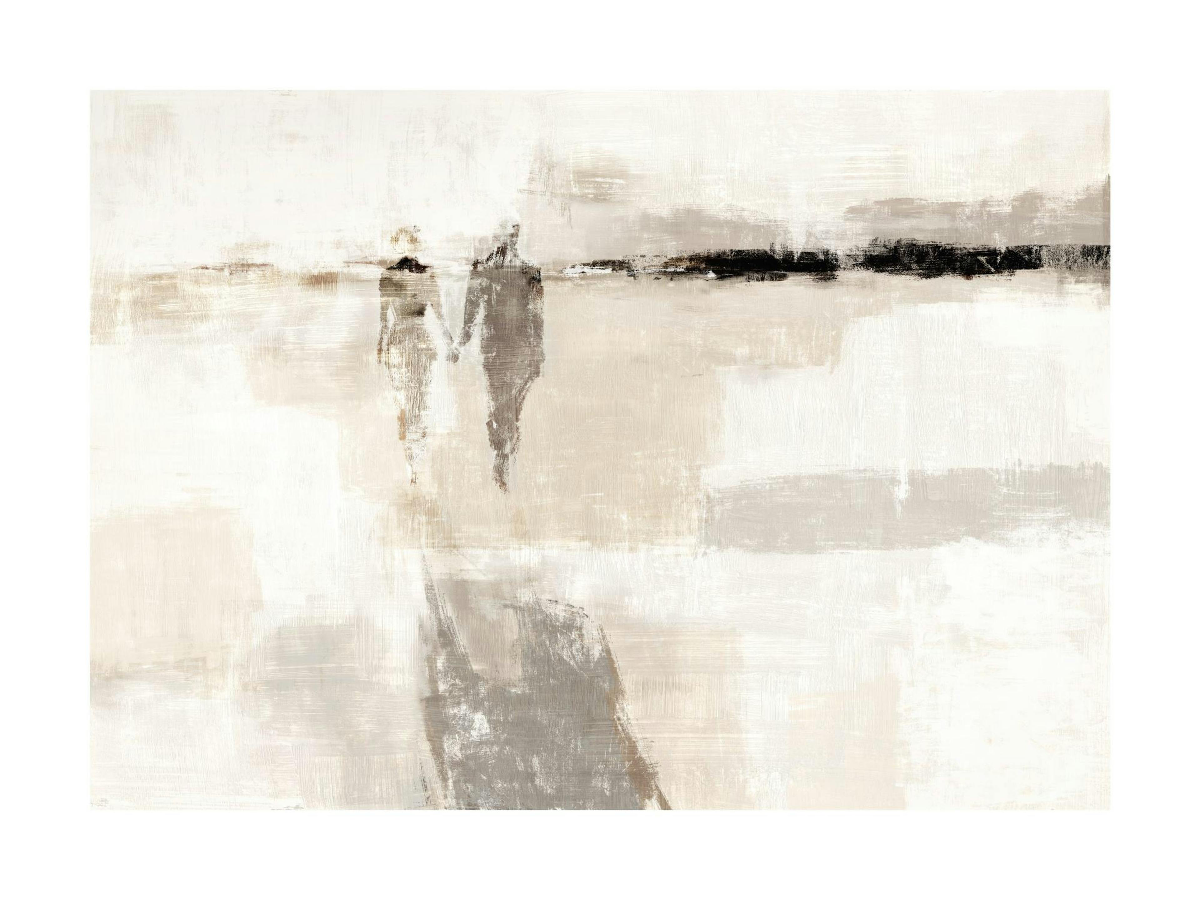 Abstract schilderij, twee figuren hand in hand op het strand met beige en zandkleurige tinten.
