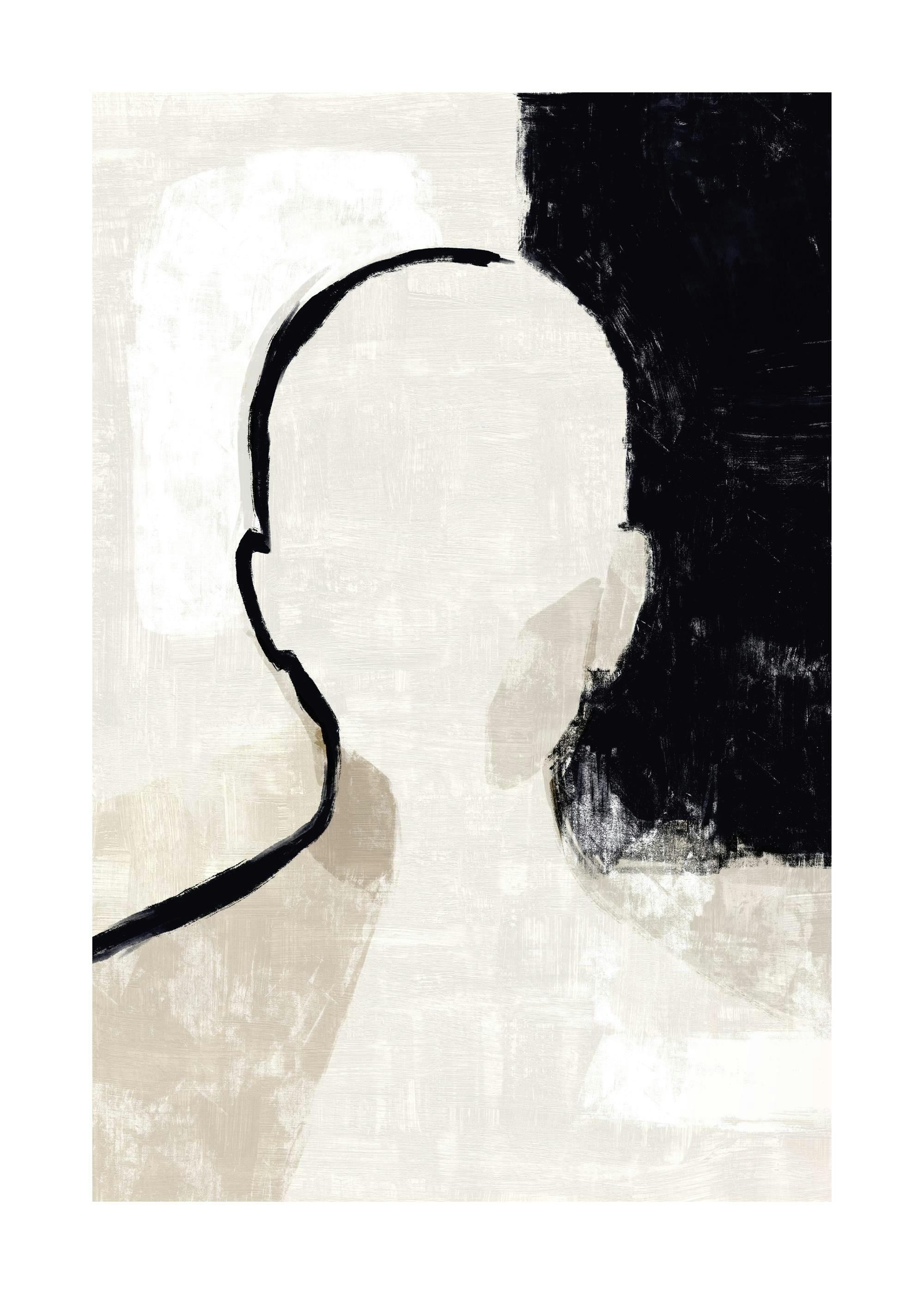 Poster met silhouet van hoofd, zwarte en beige strepen, abstracte kunst, mysterieus ontwerp, muurkunst.