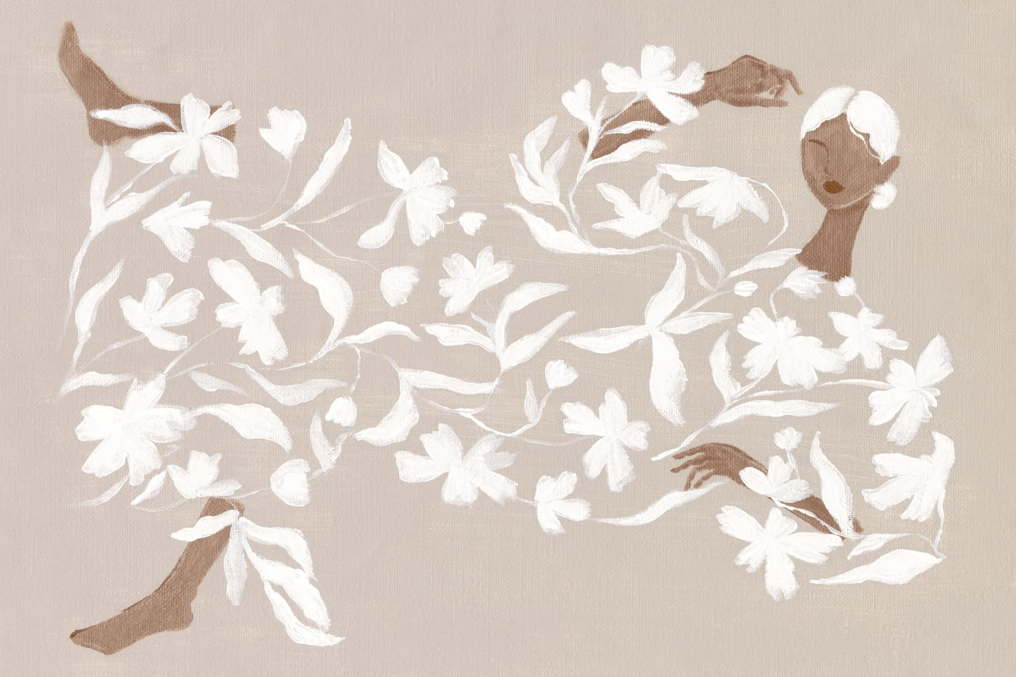 Poster minimalista donna in abito floreale bianco, beige e marrone. Illustrazione artistica femminile con rami e fiori.
