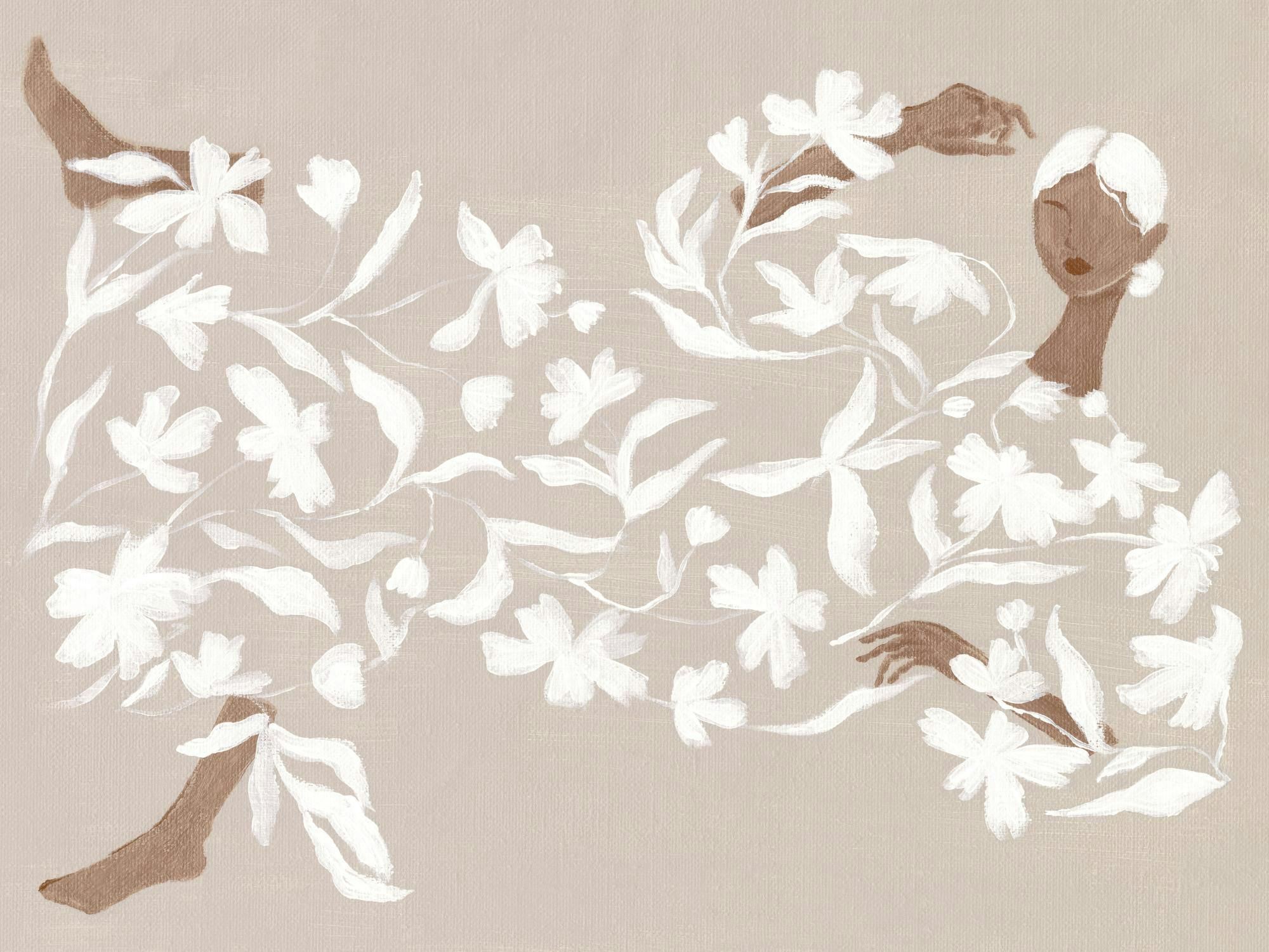Handmålad illustration av en kvinna i klänning av vita blommor och blad i dova färger.