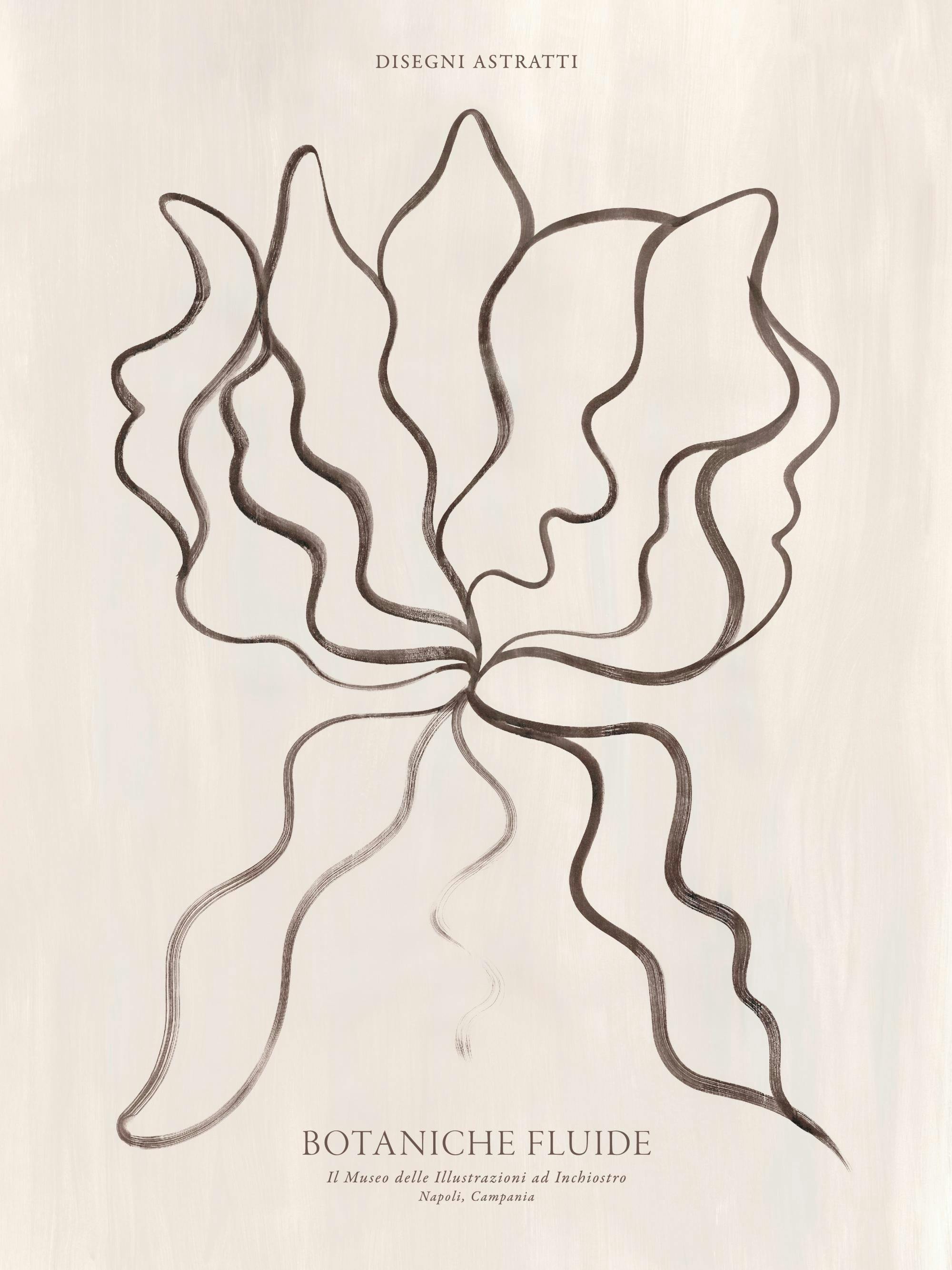 Botanical print poster with fluid dark brown lines forming a natural shape on a textured beige background.