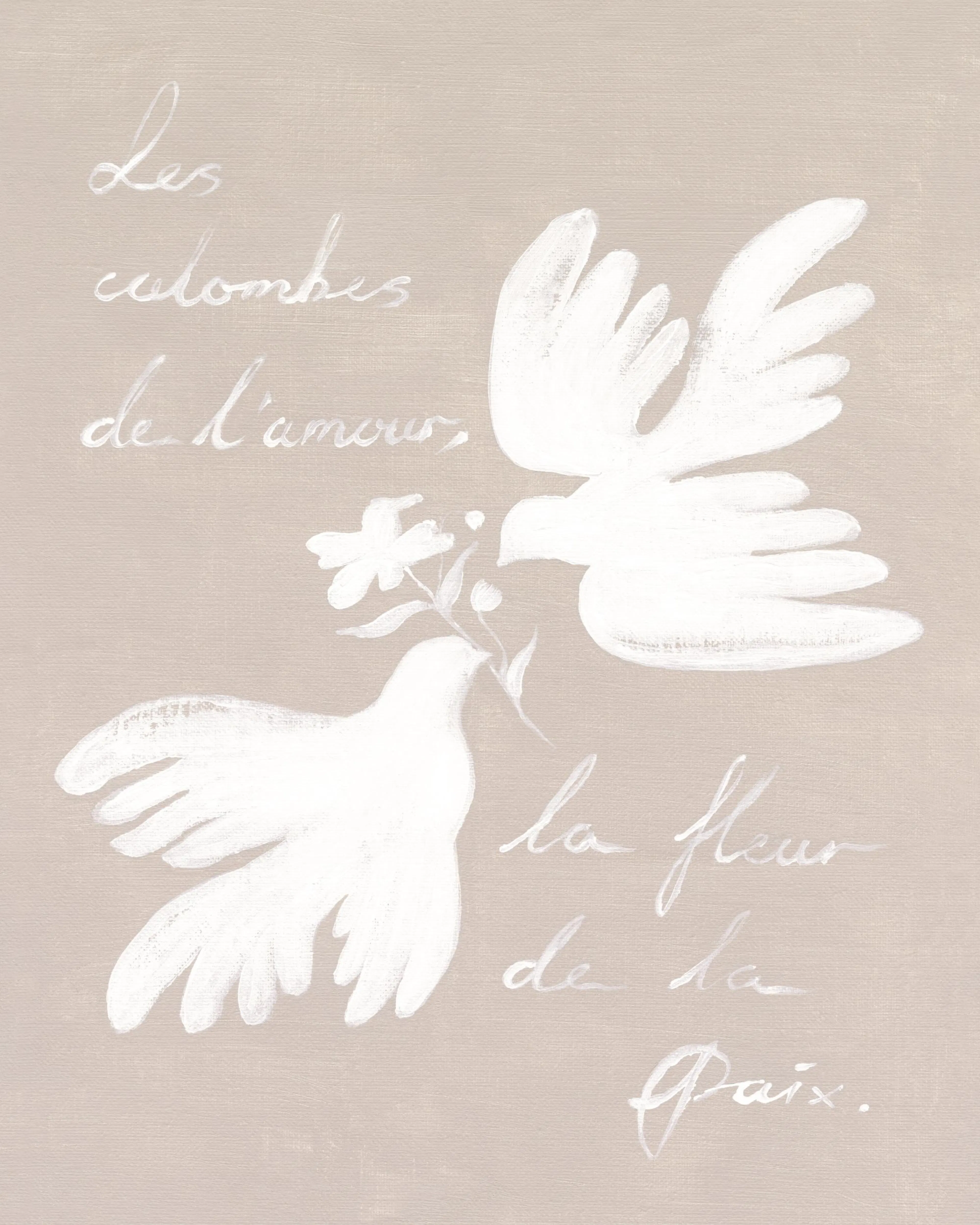 White brushstroke doves with a flower on a beige background, peaceful wall art, hand-painted texture.