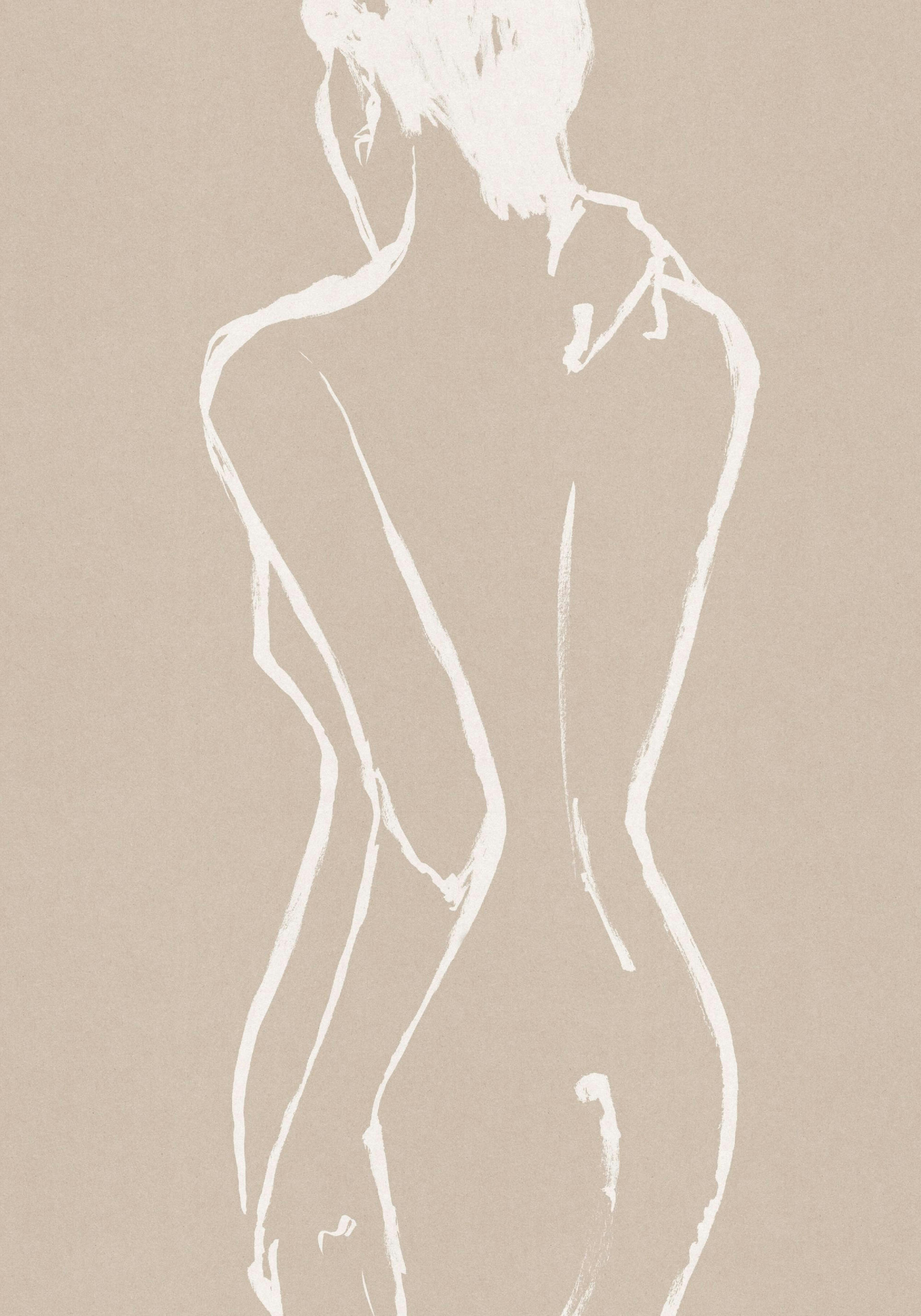 Minimalist line art poster of a female figures back and profile in white on a beige background.