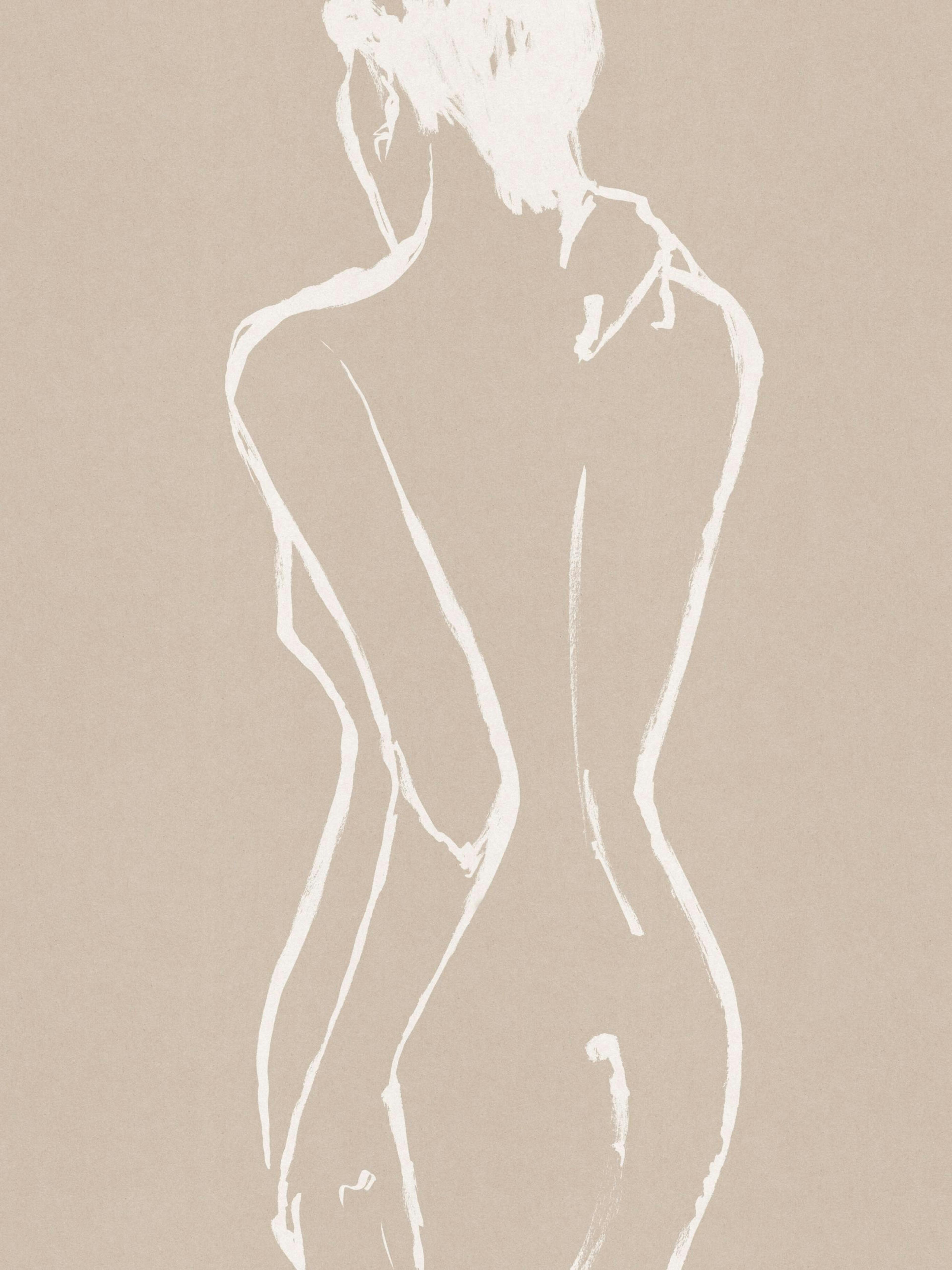 Póster de una figura femenina abstracta en blanco sobre fondo beige, colgando sobre un mueble blanco con objetos decorativos.