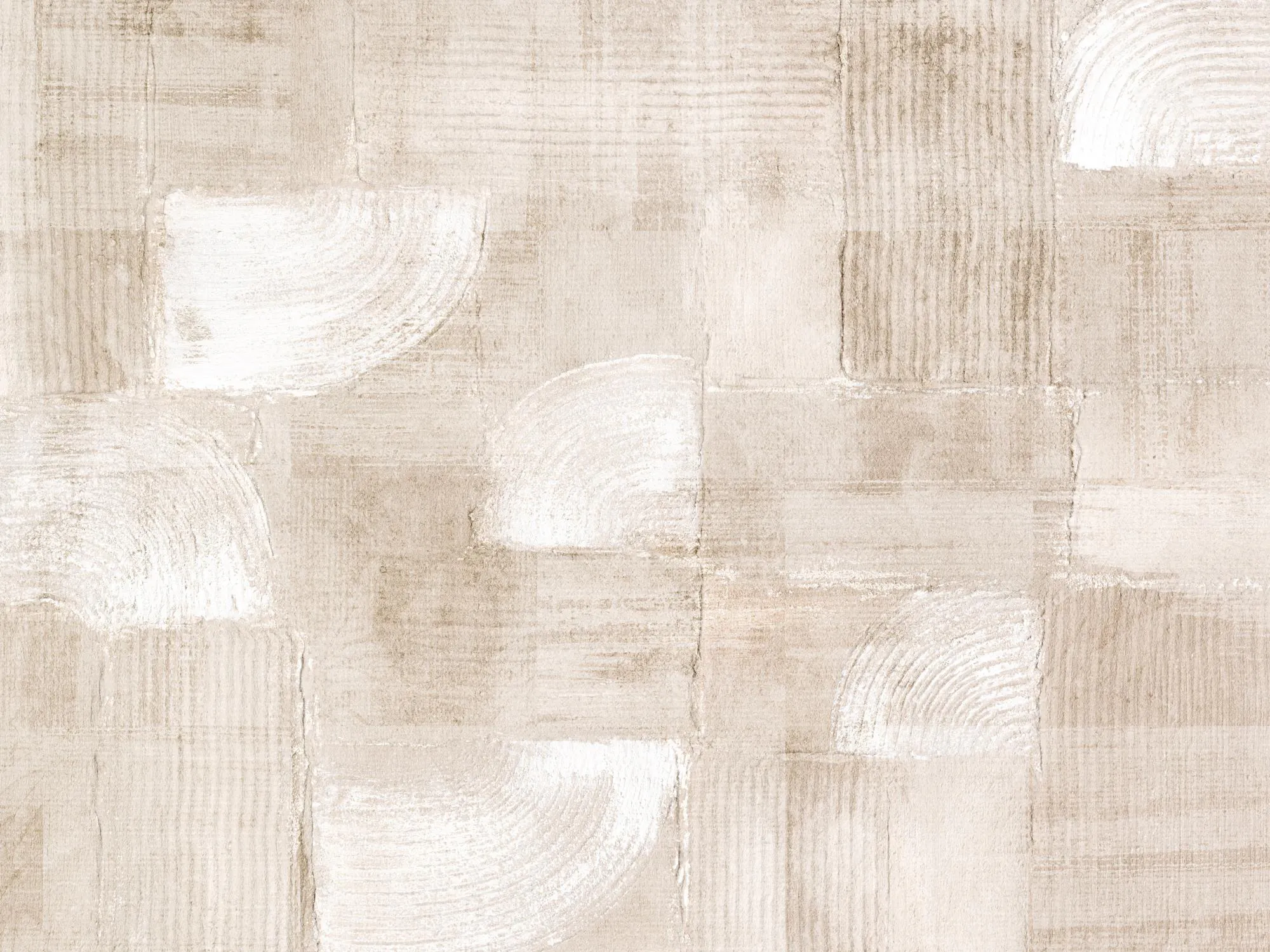 Affiche abstraite beige et crème, mosaïque de coups de pinceau texturés et déléments circulaires pour un décor moderne.