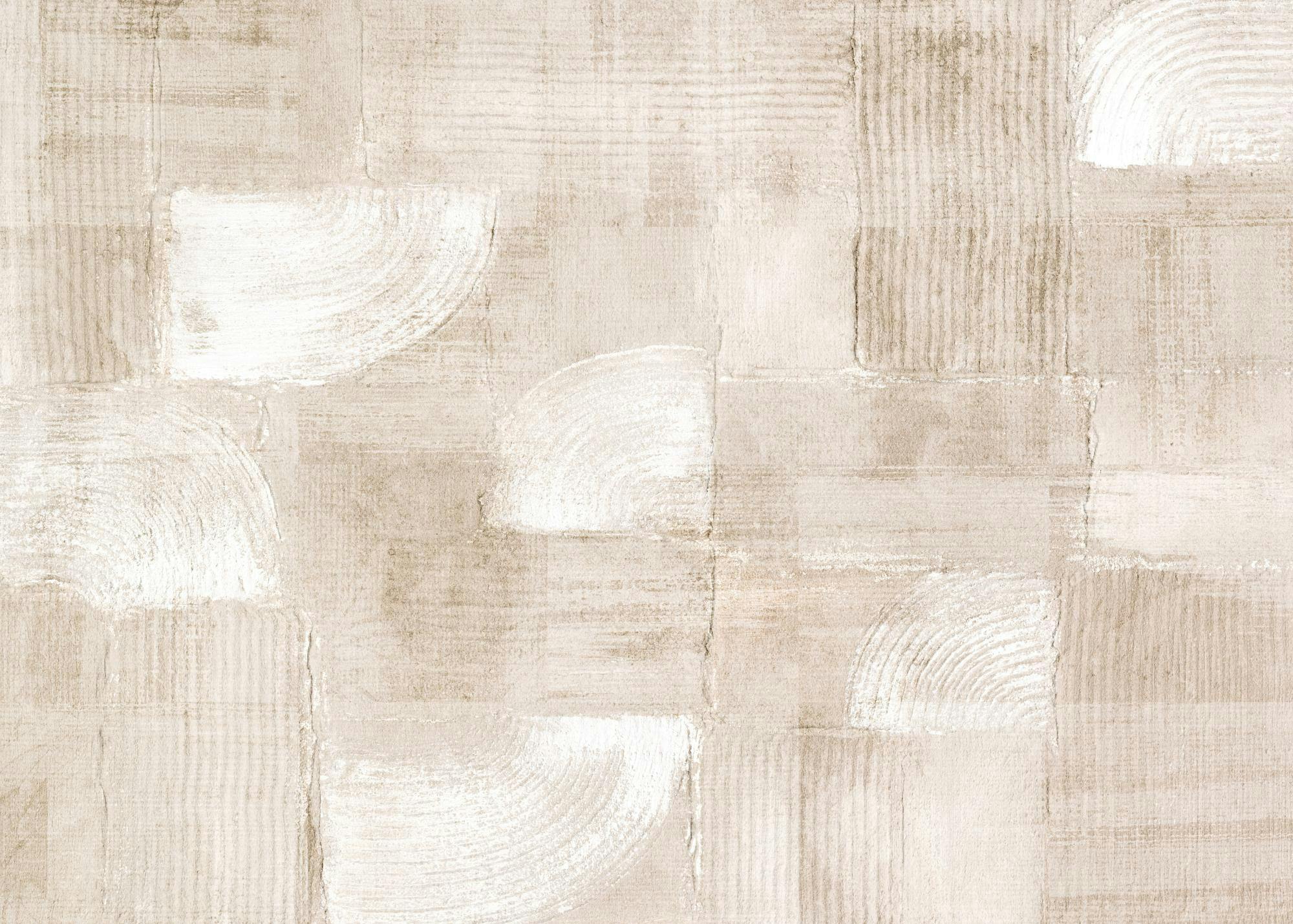 Textured beige abstract art with curved strokes over a grid pattern, creating depth and movement.