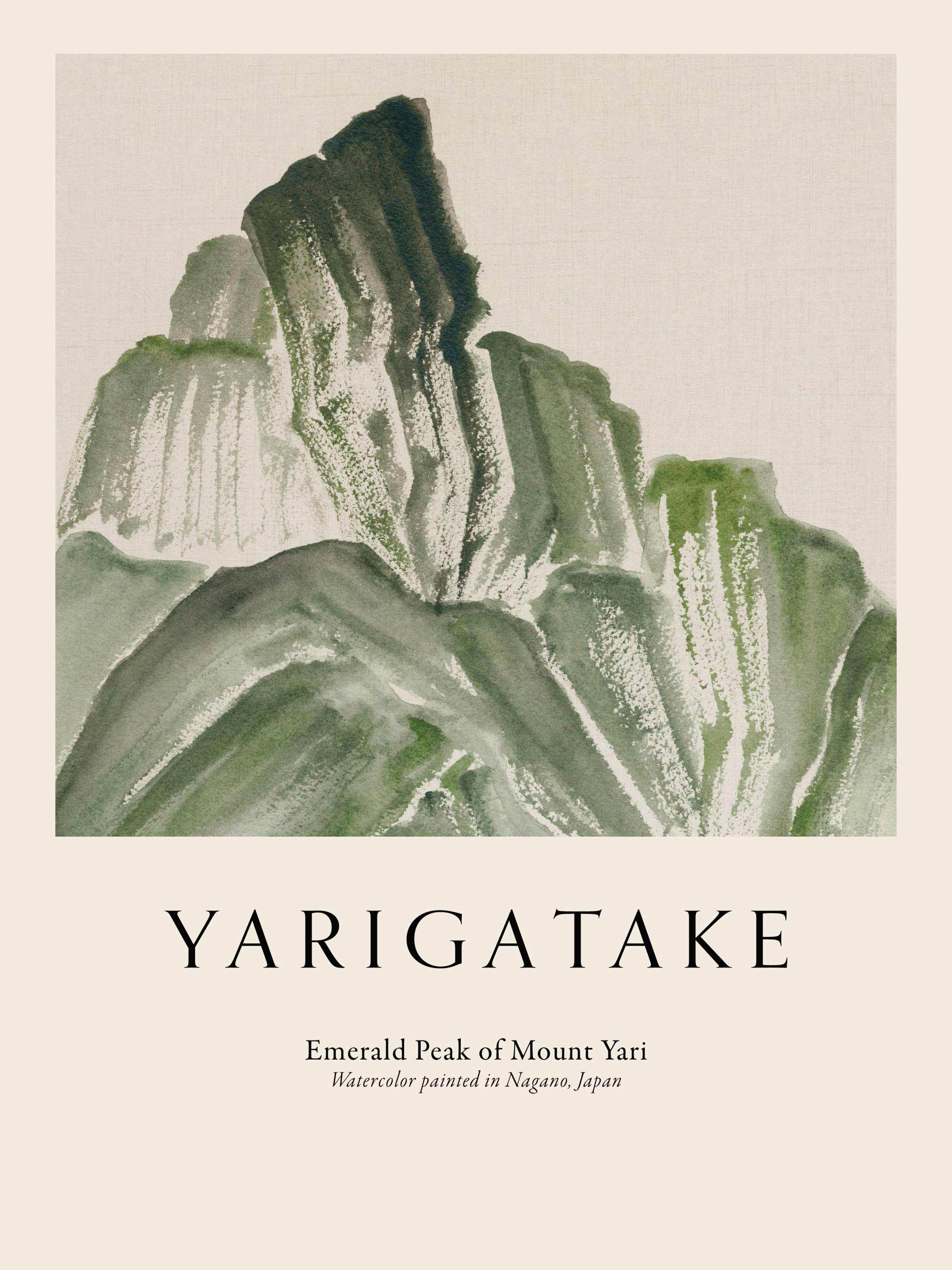 Handmålad akvarellposter av Mount Yari i nyanser av grönt med beige ram och text, konst för hem och kontor.