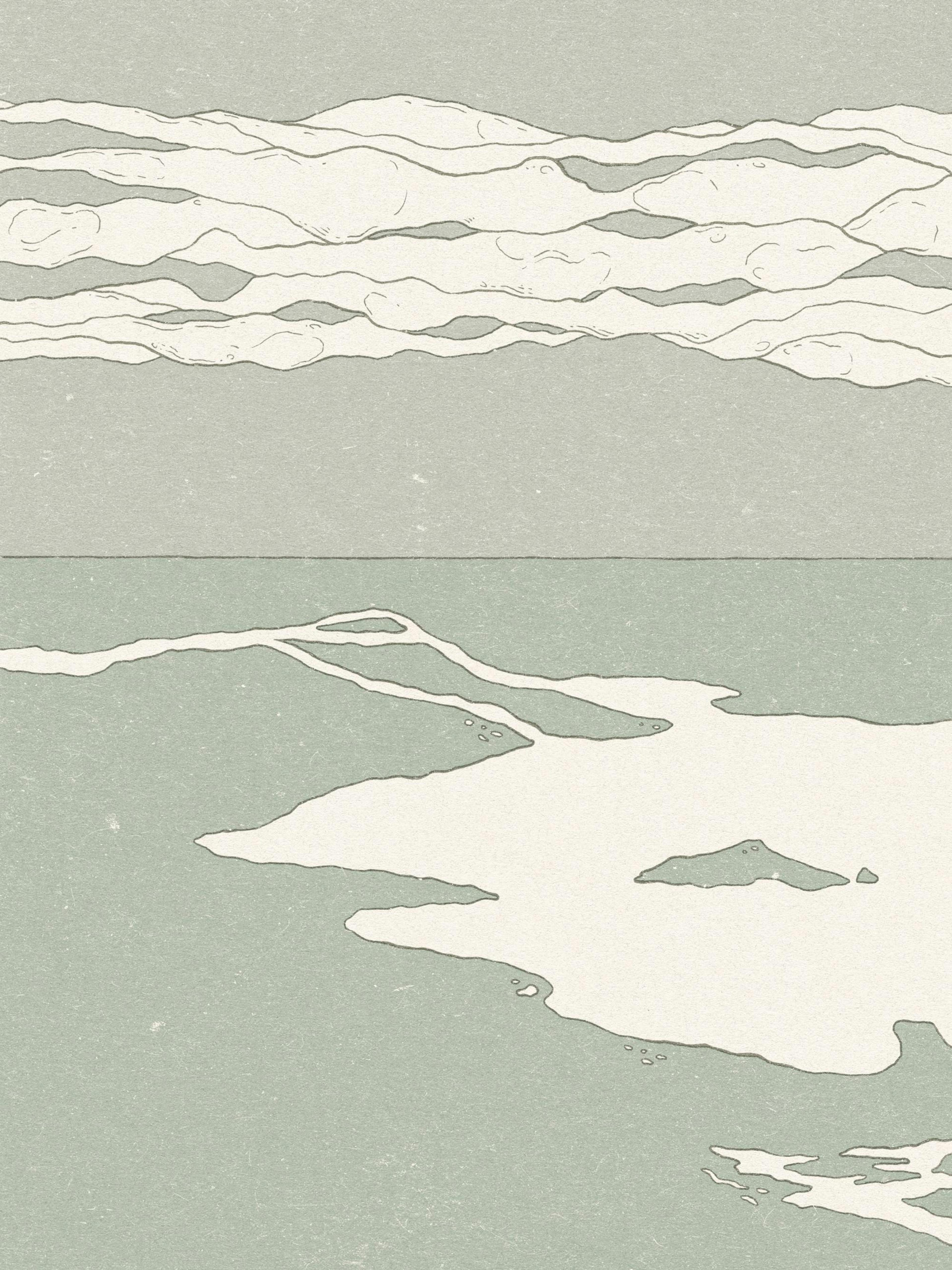 Stilisierte Illustration eines ruhigen Meeres mit sanften Wellen und Horizont in Grün- und Cremetönen. Ideal für Ruheposter.