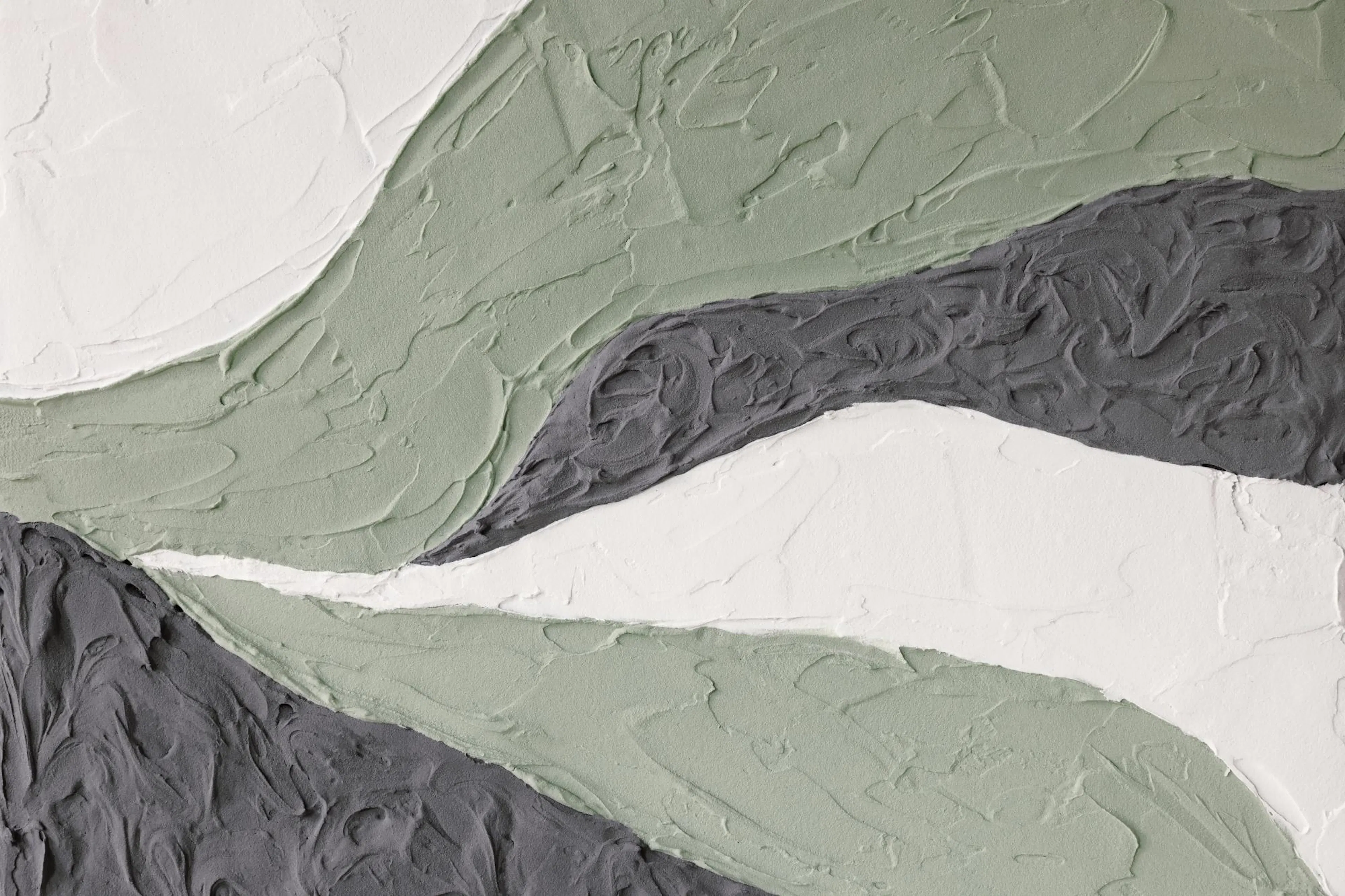 Abstract landschap poster met dikke, gestructureerde streken in wit, lichtgroen en donkergrijs, creëert een 3D-illusie.