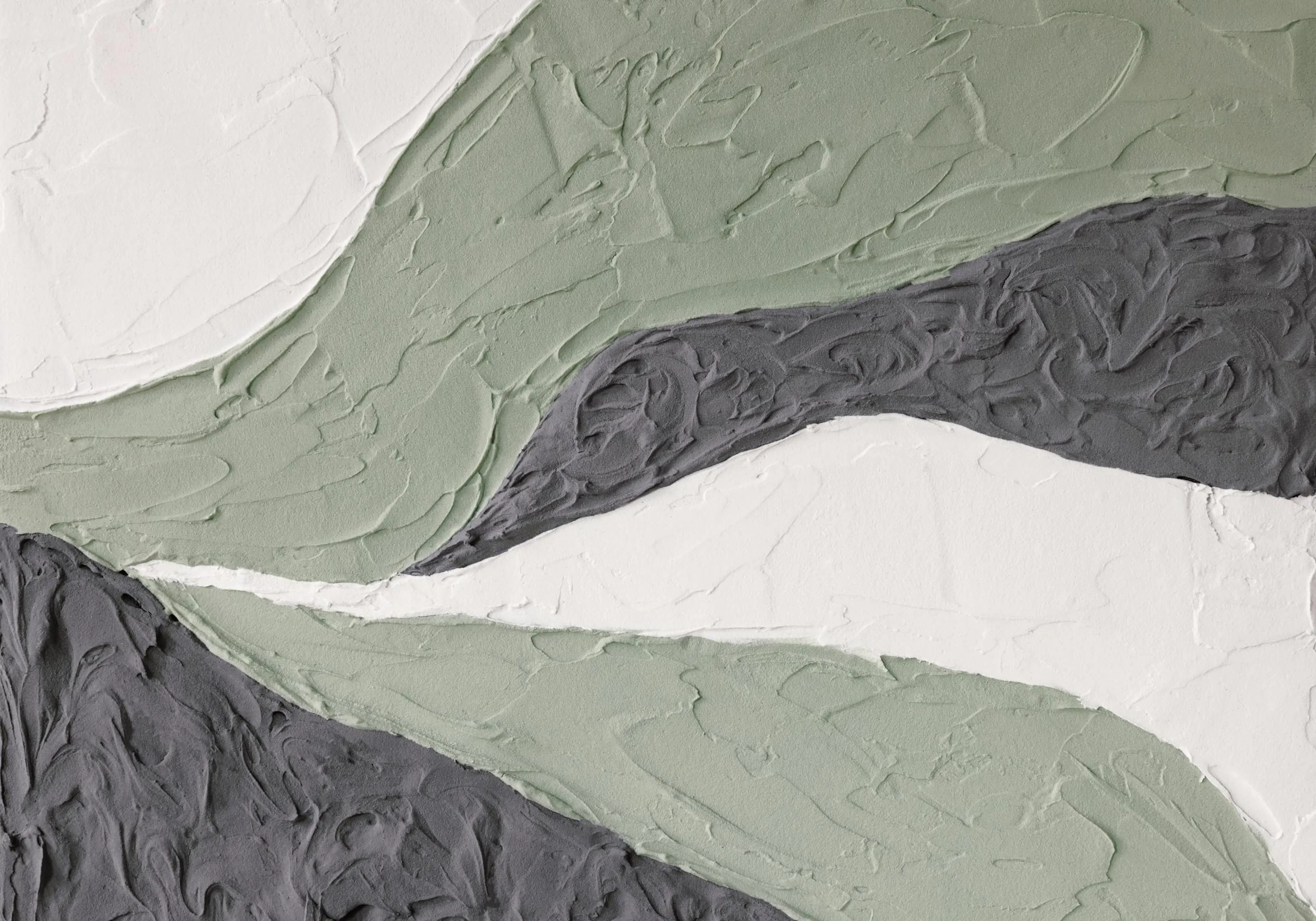 Abstract landscape art with thick strokes in white, light green, and dark grey creating a natural, textured design.