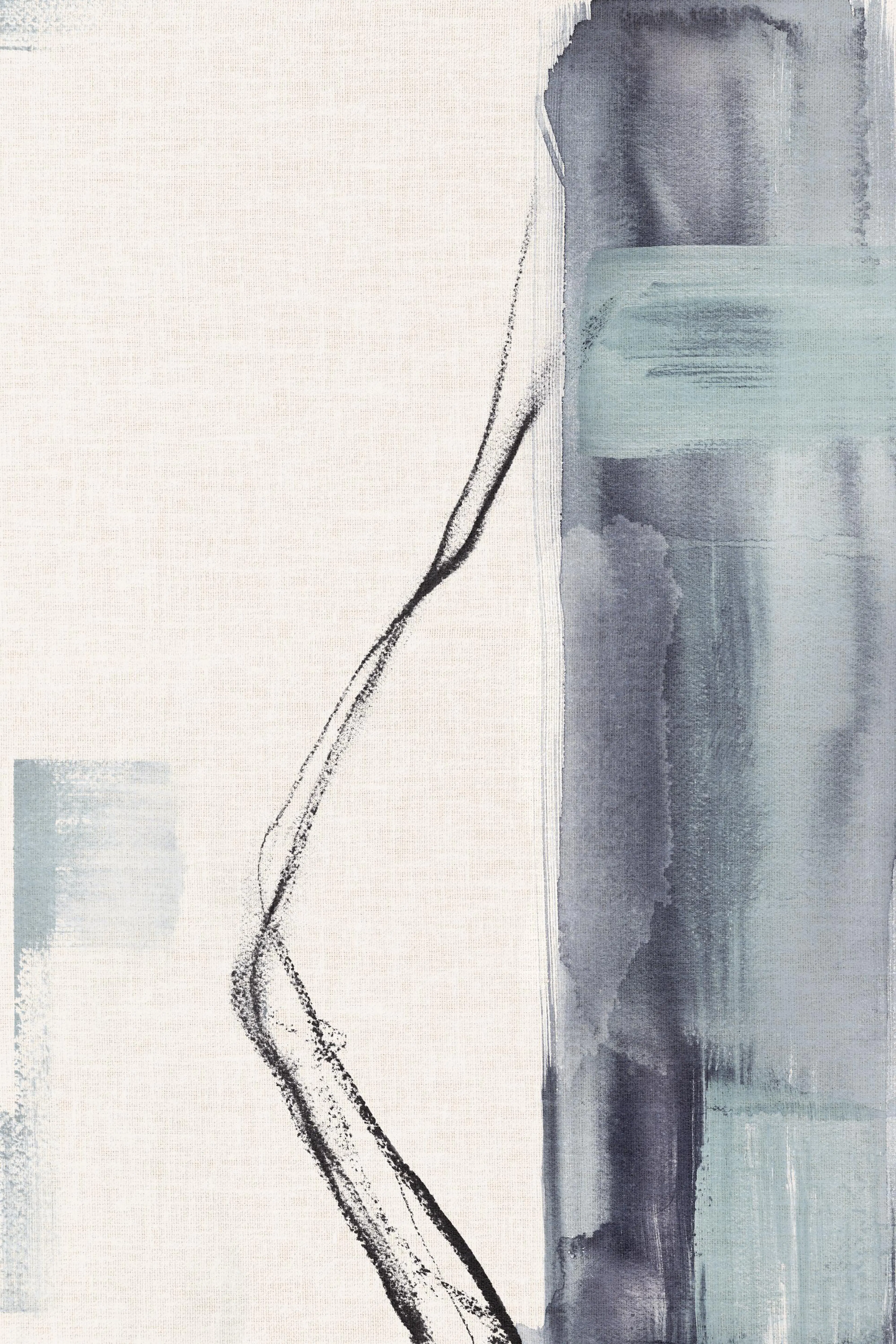 Calm abstract print with soft blue-gray rectangles, a dynamic black curving line, and soft-edged forms.