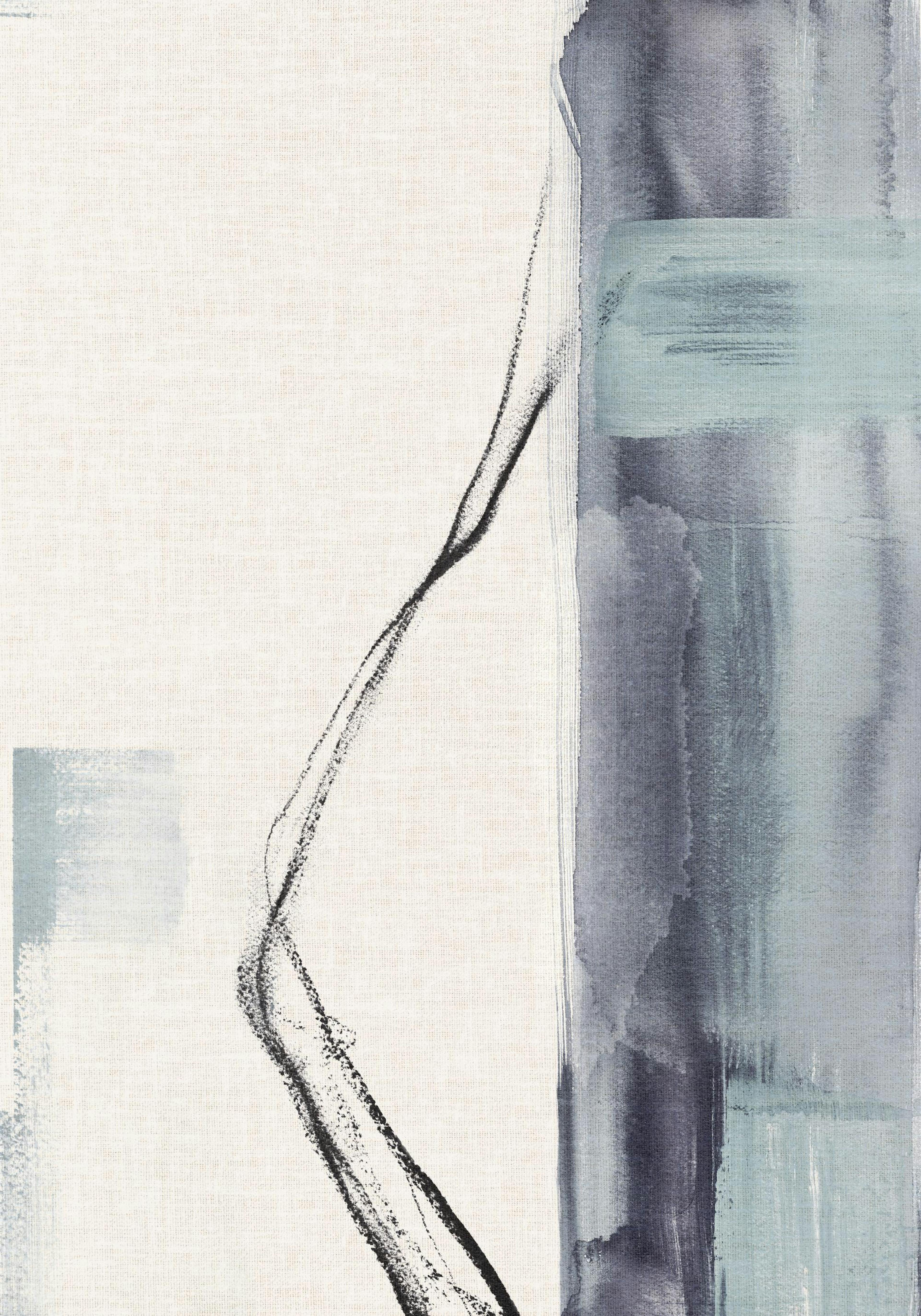 Poster astratto con linea nera ondulata, blocchi turchesi e blu scuro su sfondo beige chiaro.