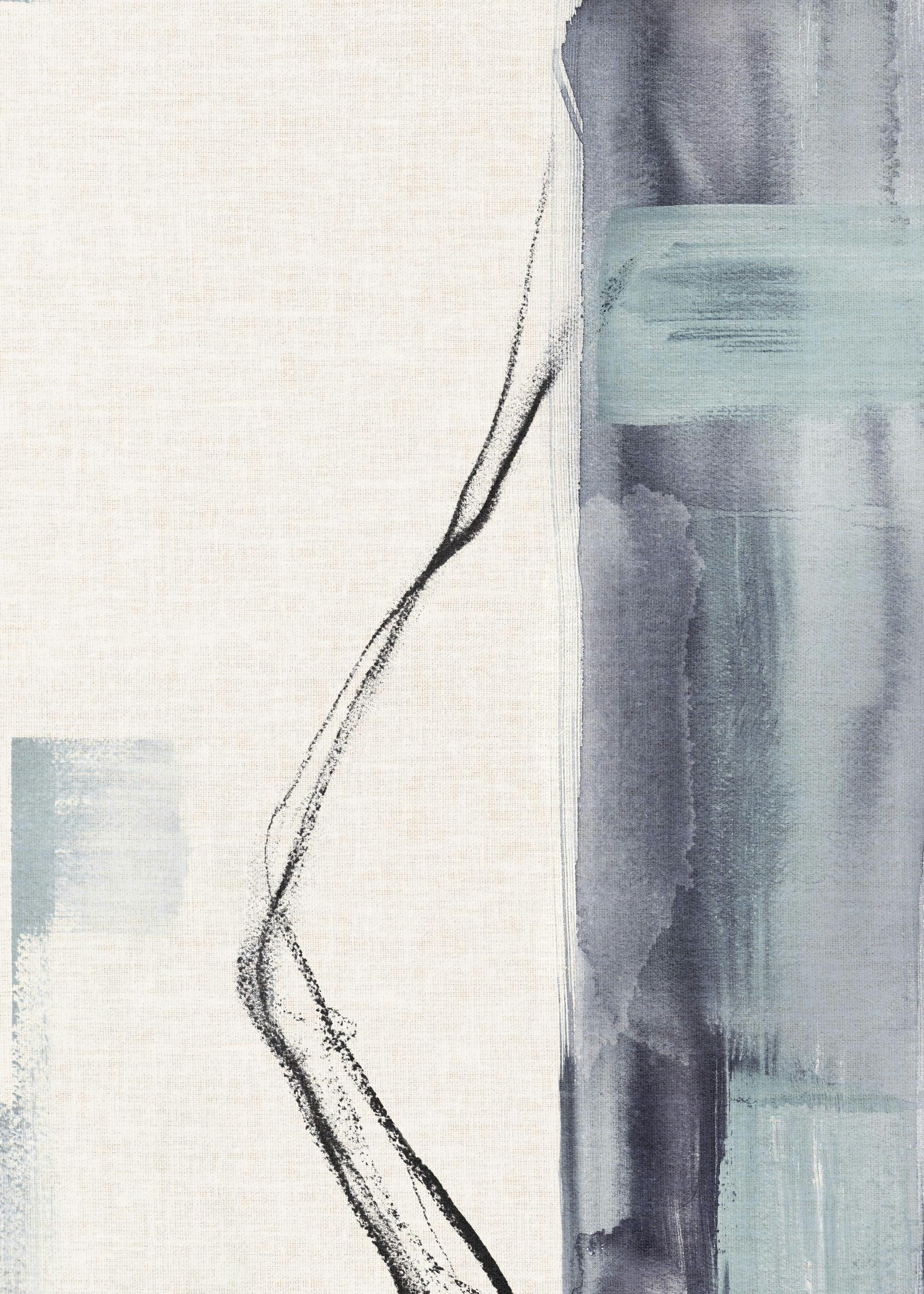 Calm abstract print with soft blue-gray rectangles, a dynamic black curving line, and soft-edged forms.