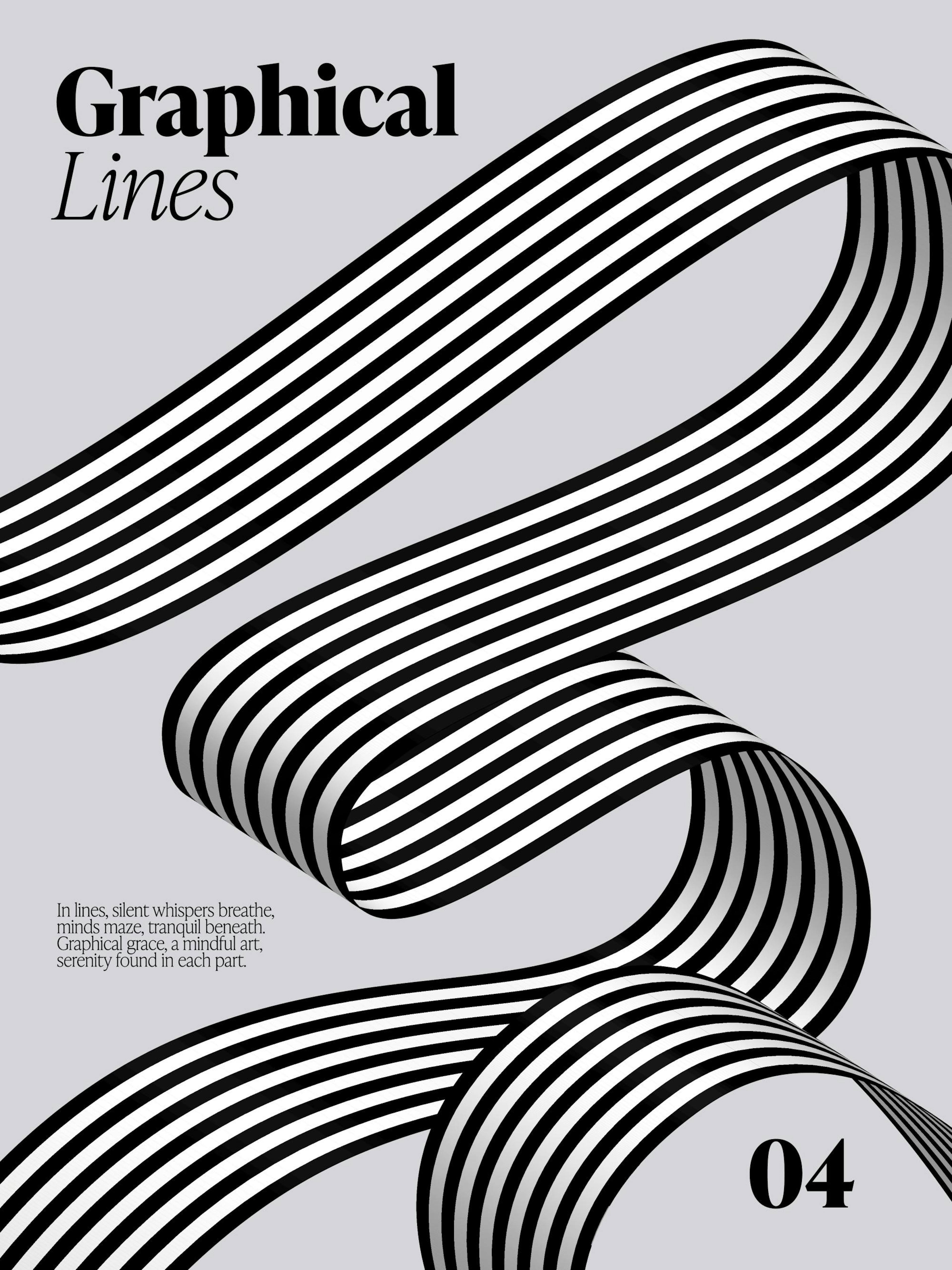 Póster de líneas gráficas con cinta retorcida en blanco y negro sobre fondo gris. Arte minimalista moderno.