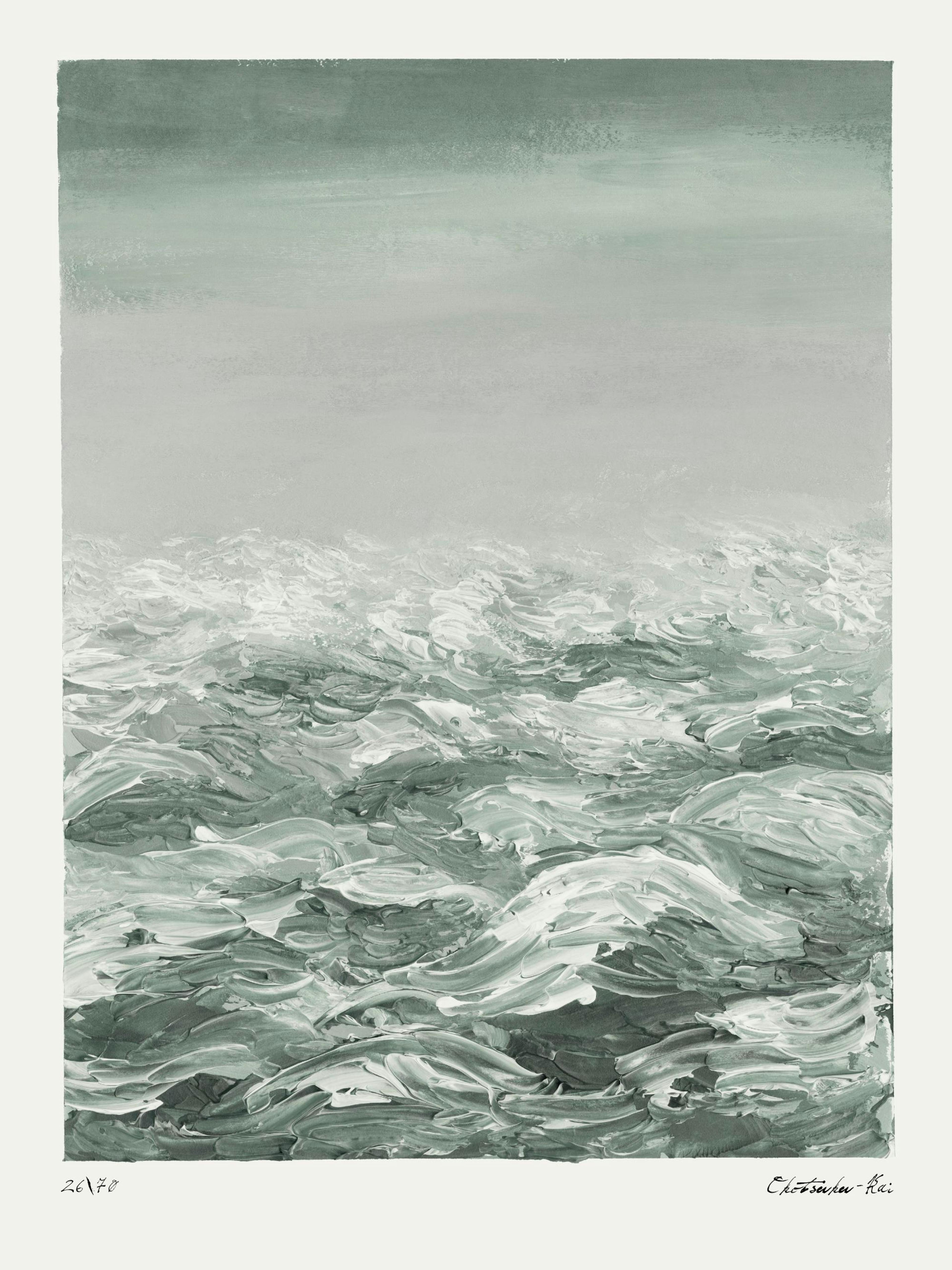 Hand-painted abstract Waves in Green Print with dynamic brushwork in shades of emerald and mint, depicting churning ocean waves.