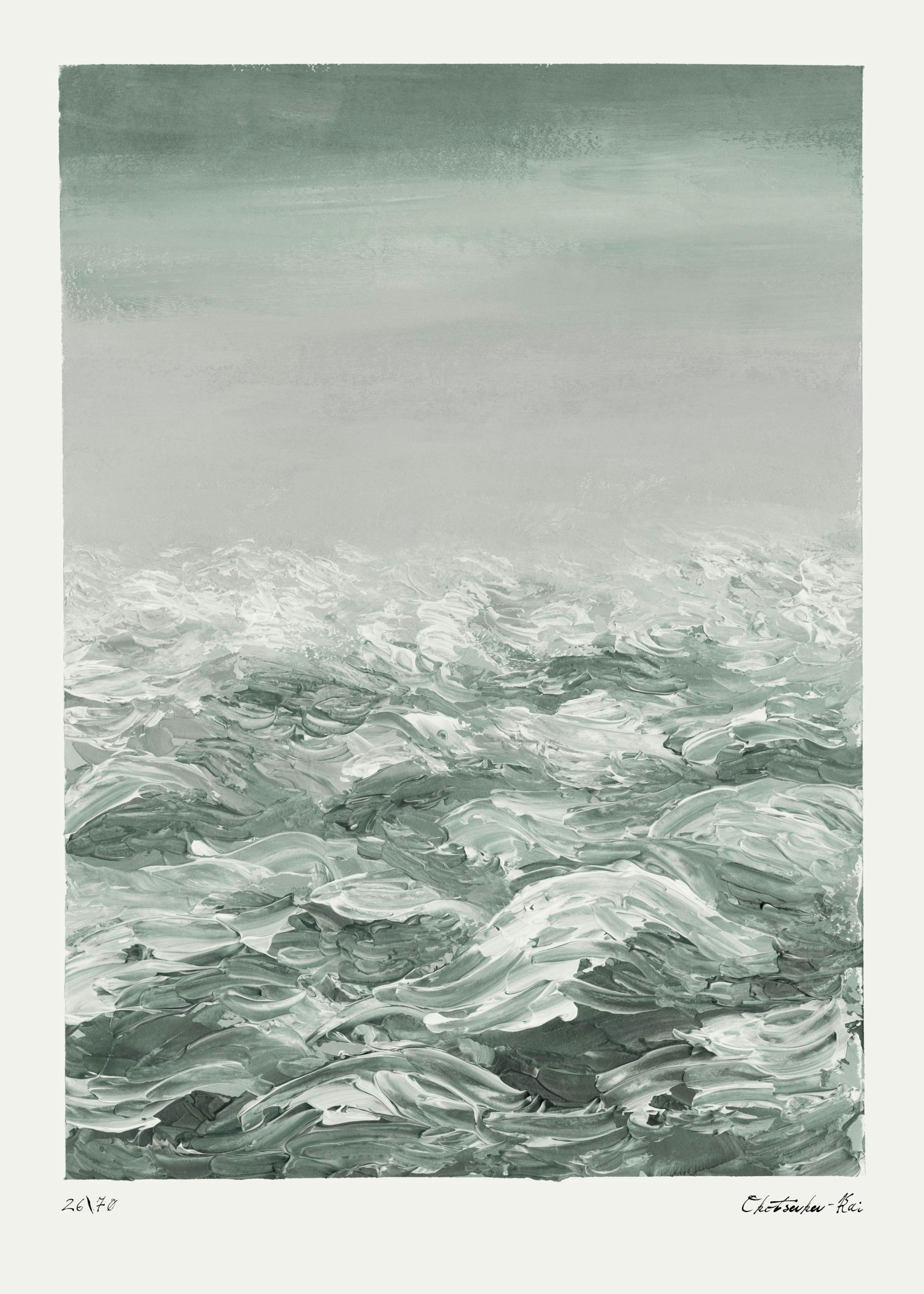 Abstraktes Ozean-Poster in Grüntönen, handgemalt, mit strukturierten Wellen und nebligem Horizont für Kunstliebhaber.
