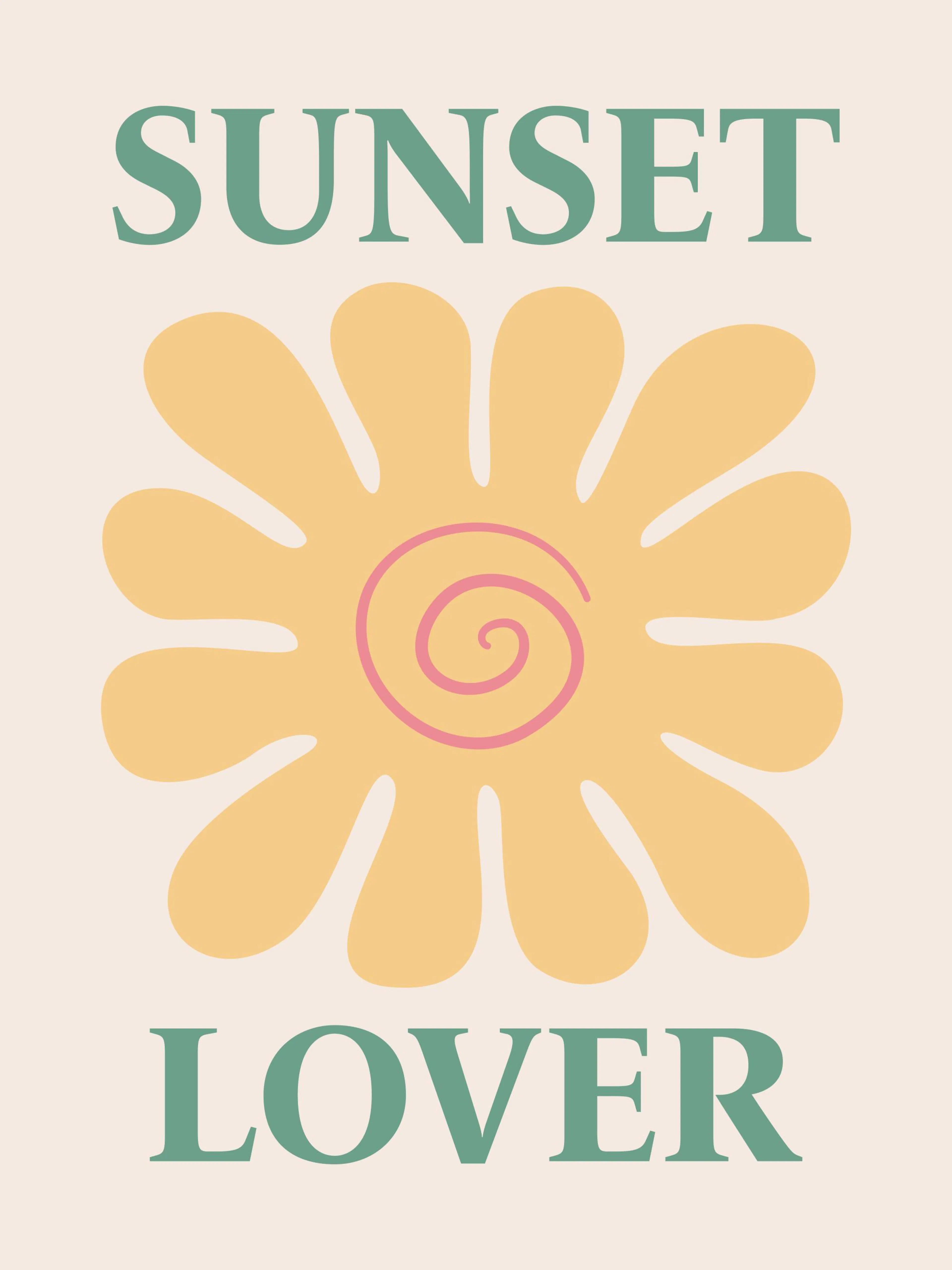 Grafisches Poster Sunset Lover mit abstrakter gelber Sonne, rosa Spirale und grüner Schrift.