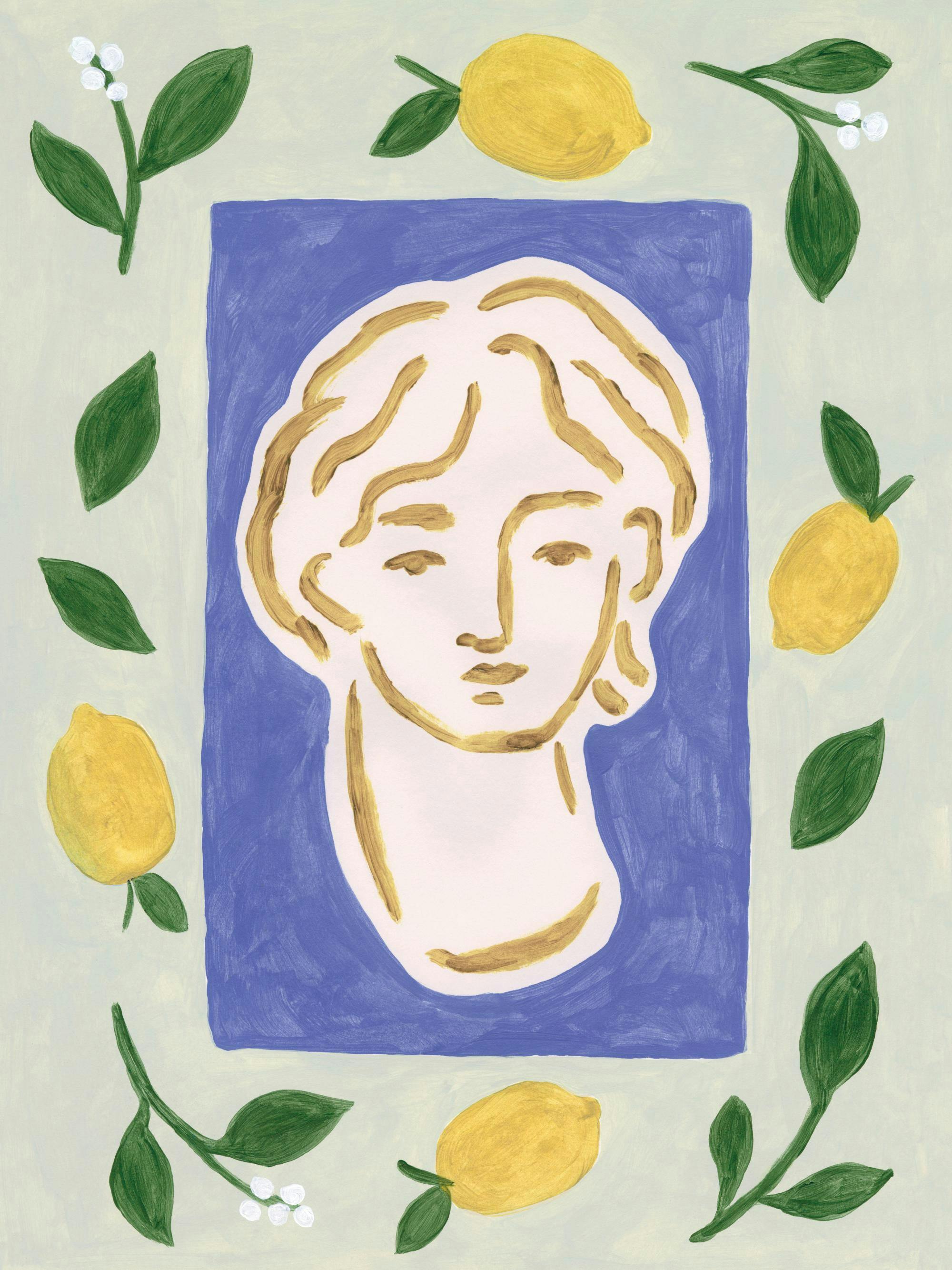 Stylised classical portrait painting with a pale pink bust, gold outlines, surrounded by yellow lemons, green leaves, and white