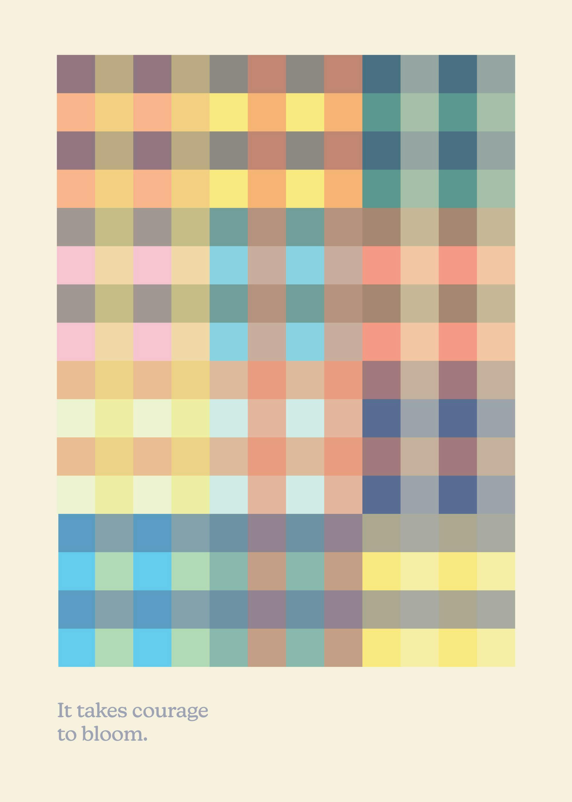 Affiche abstraite à motif de pixels colorés pastel, avec texte inspirant en typographie simple