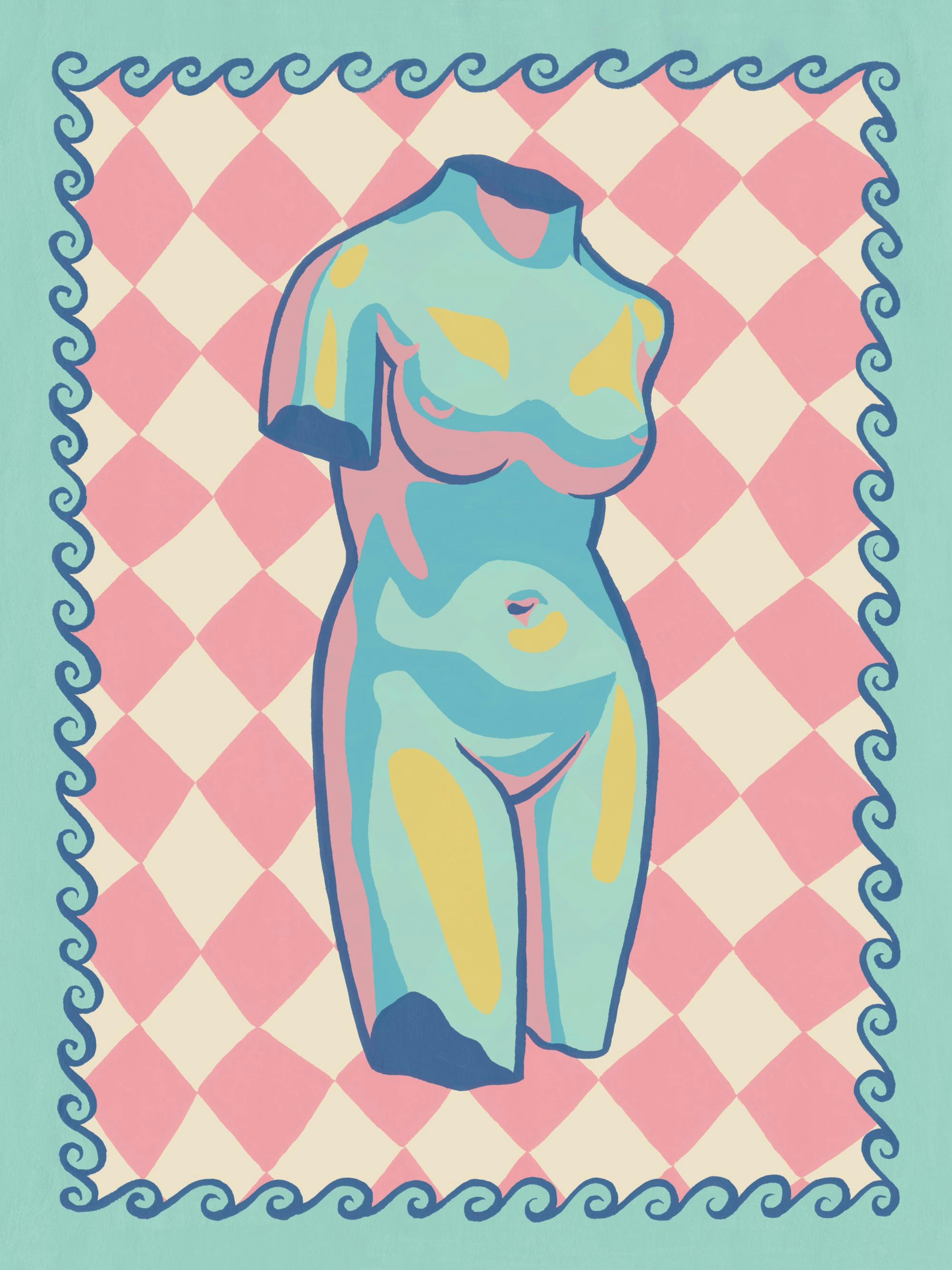 Poster busto femminile color pastello, sfondo a scacchiera rosa, bordo ondulato blu. Arte moderna decorativa.