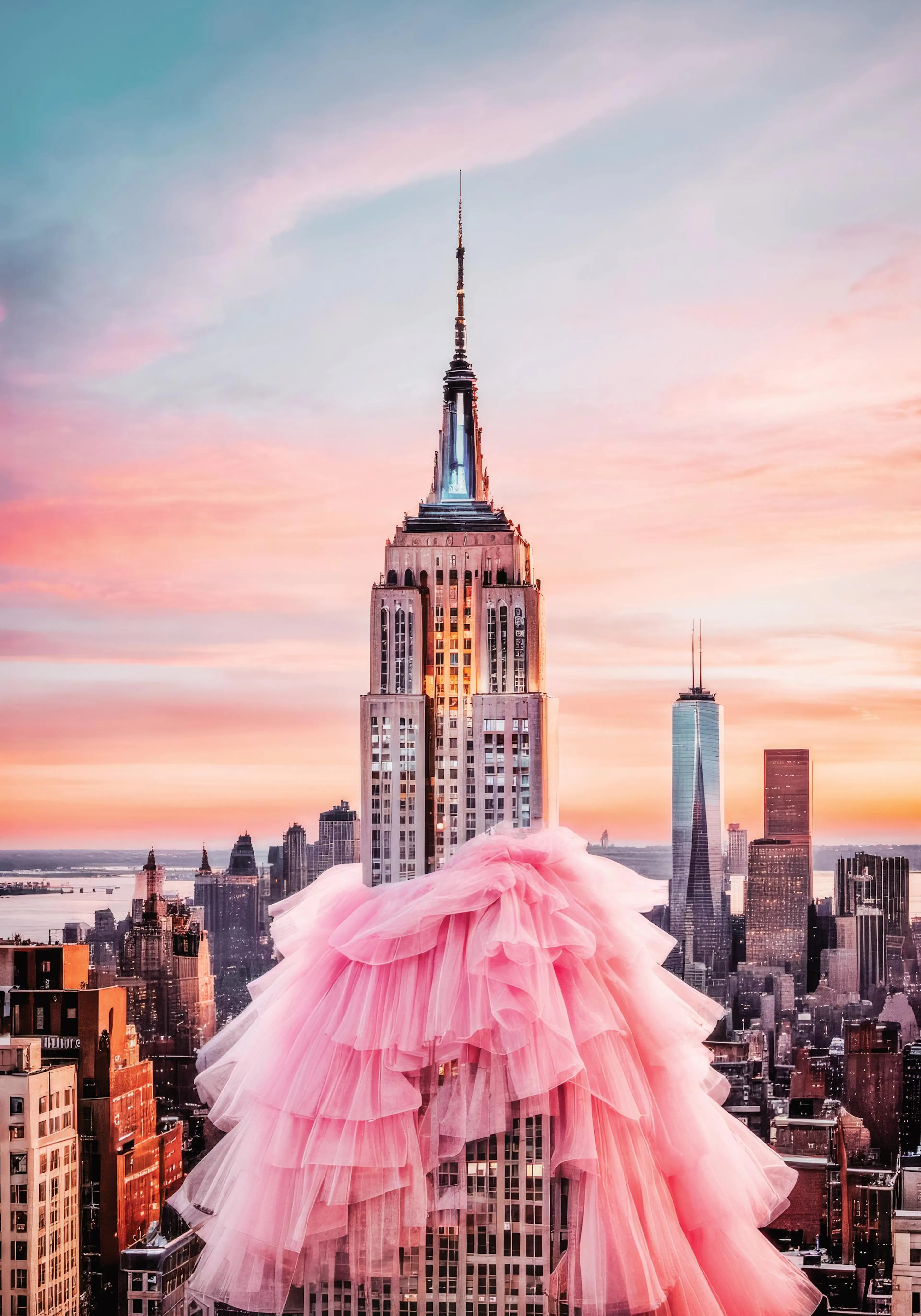 Empire State Building in New York at sunset, draped in pink tulle fabric. AI-generated city skyline art print.