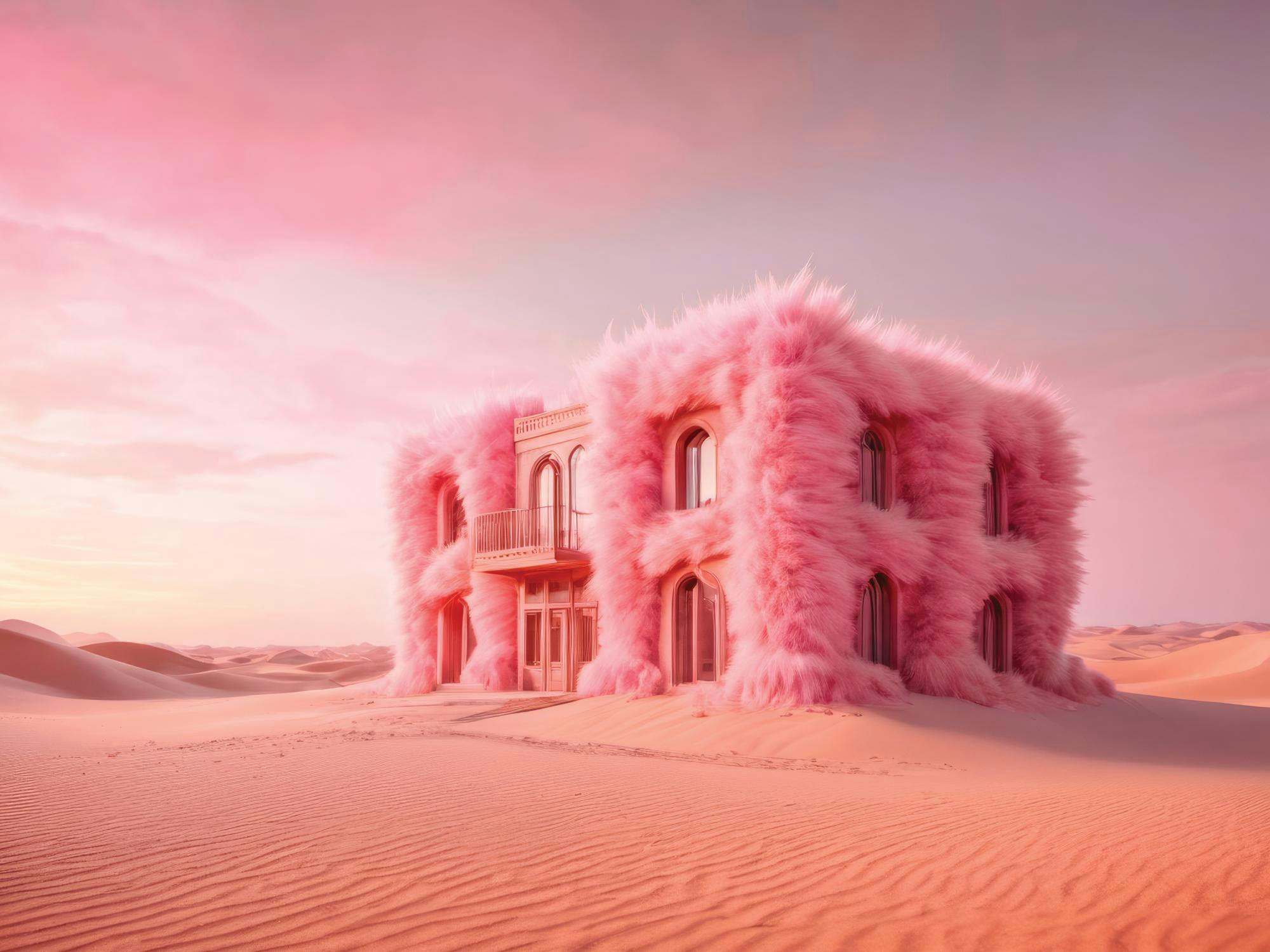 Rosa lurvig byggnad i öknen. AI-genererad poster som föreställer ett rosa fluffigt hus bland sanddyner.