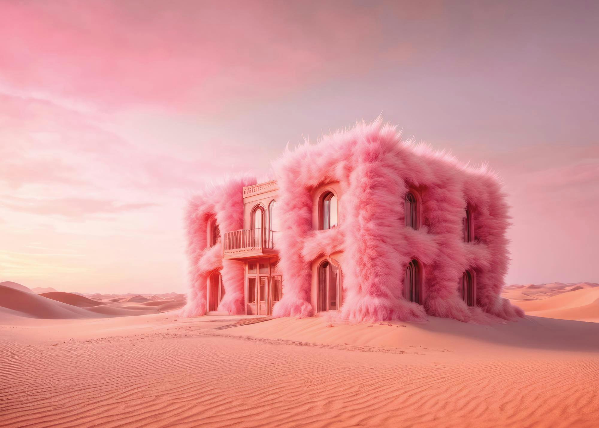 AI-generated art: a surreal pink furry building in a vast pink desert with undulating sand dunes under a soft pink sky.