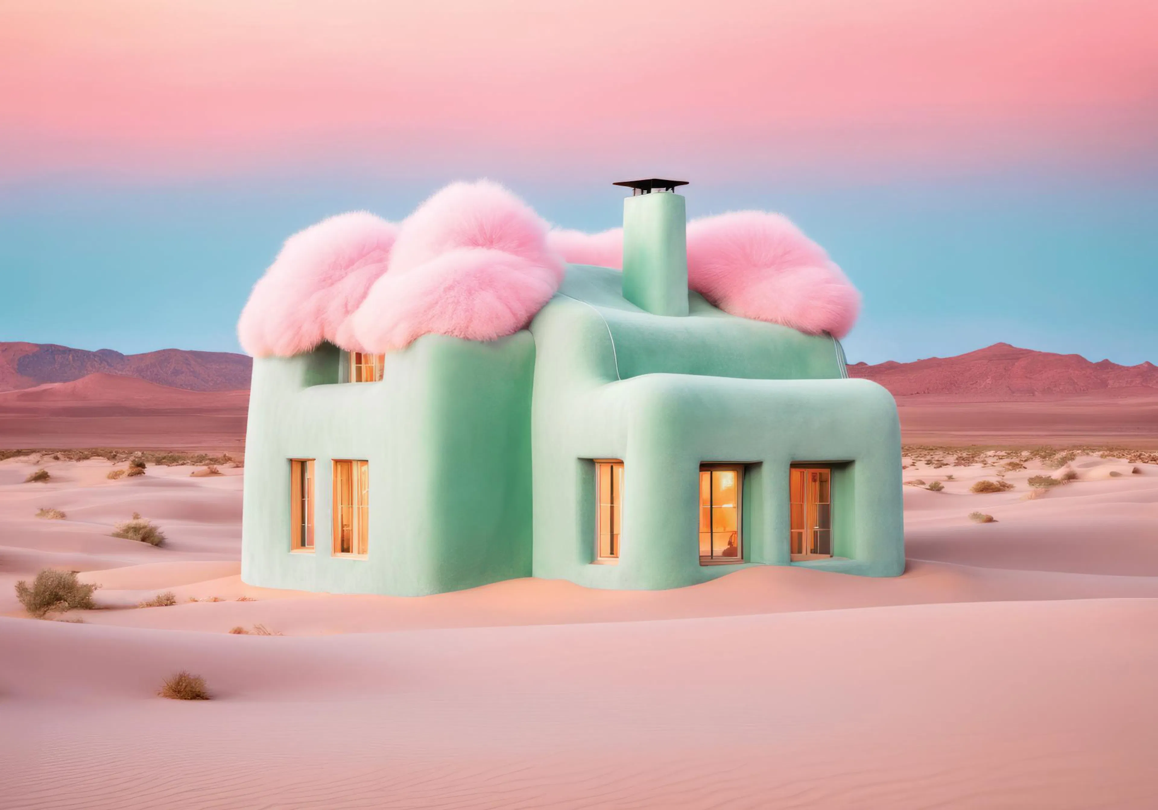 Casa de algodón de azúcar verde menta con techo rosa peludo, en un desierto surrealista al atardecer.