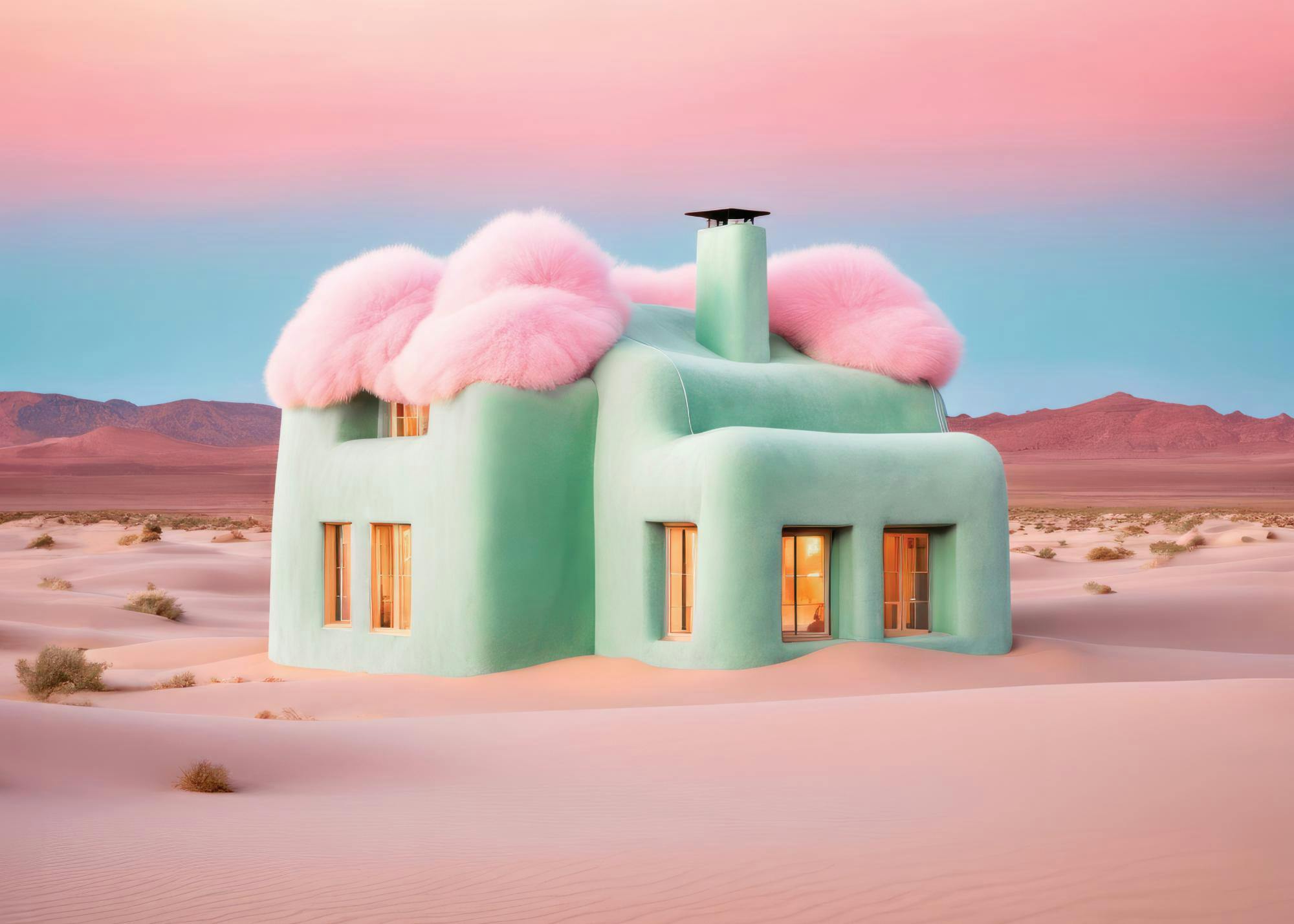 Affiche dune maison surréaliste en barbe à papa vert menthe avec un toit rose duveteux dans un désert aux teintes pastel