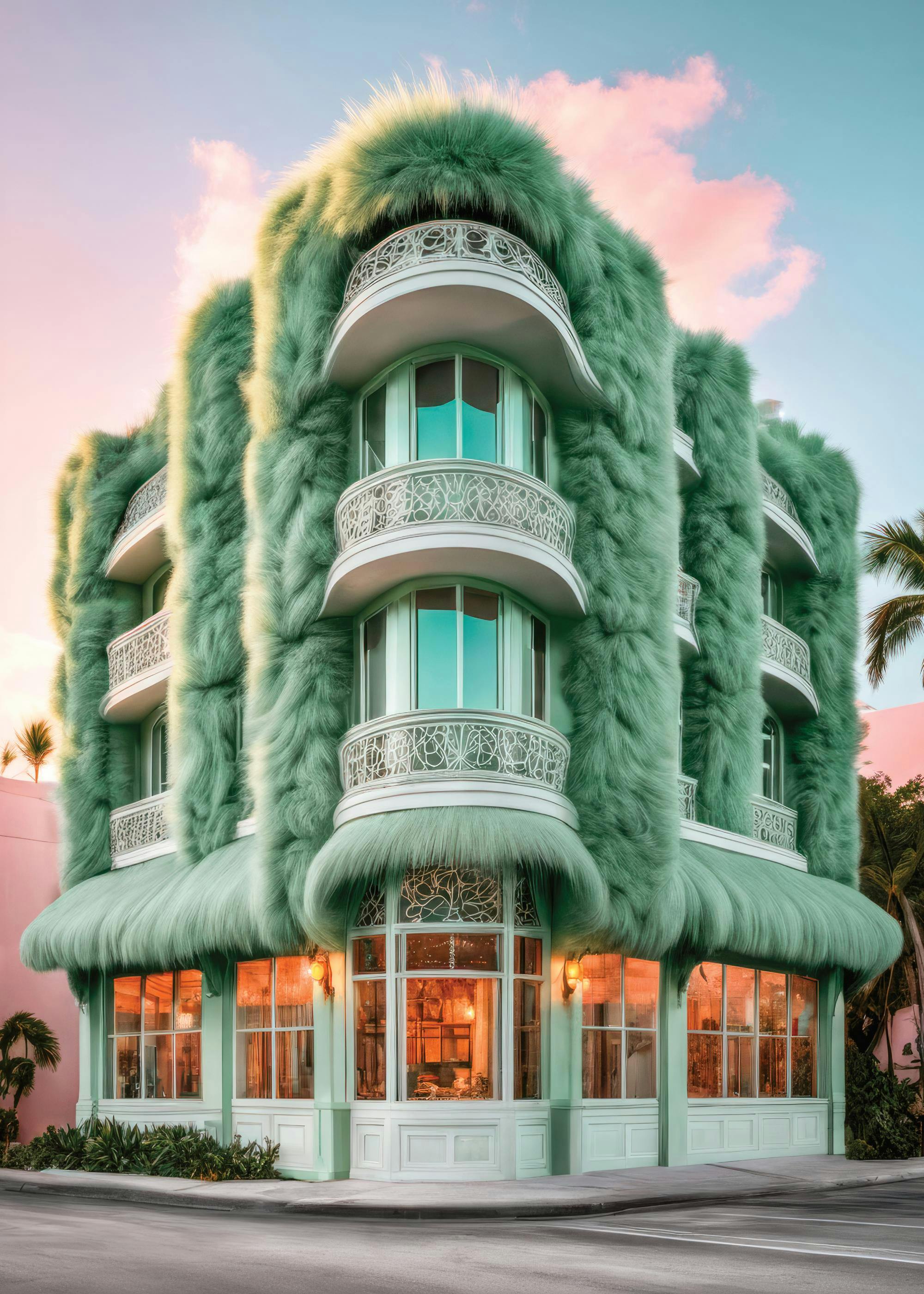 Affiche dun bâtiment surréaliste vert menthe, aux textures poilues, avec des balcons et des fenêtres lumineuses