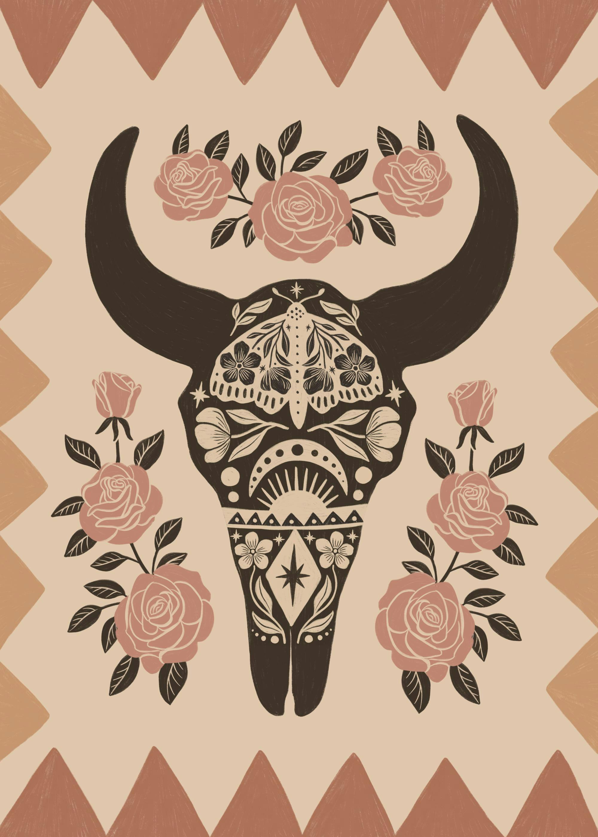 Bohemian bull skull art print with pink roses and tribal patterns, a unique poster print.