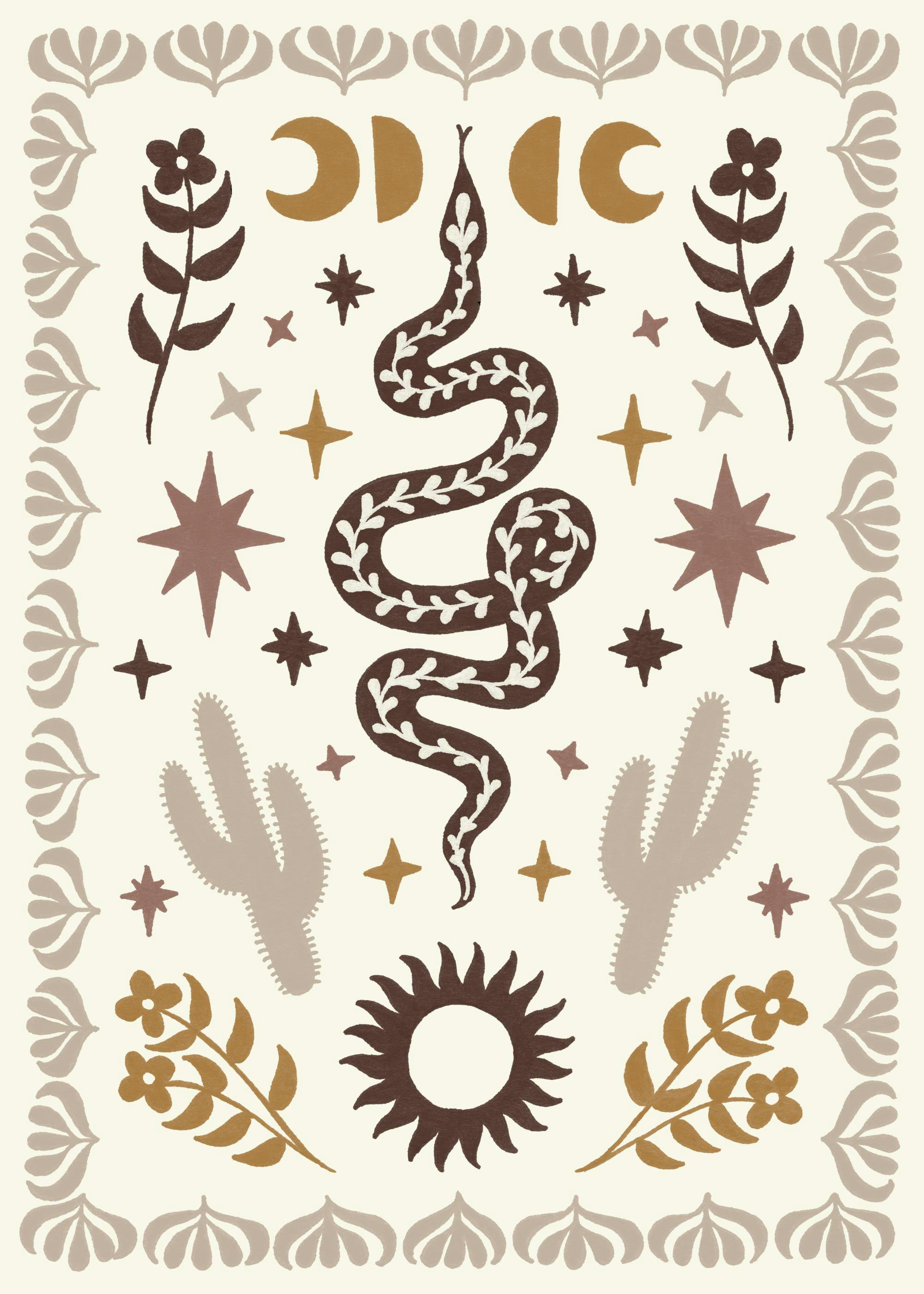 Poster serpente Wild West con motivi botanici e celesti, inclusi lune, stelle, soli e cactus.
