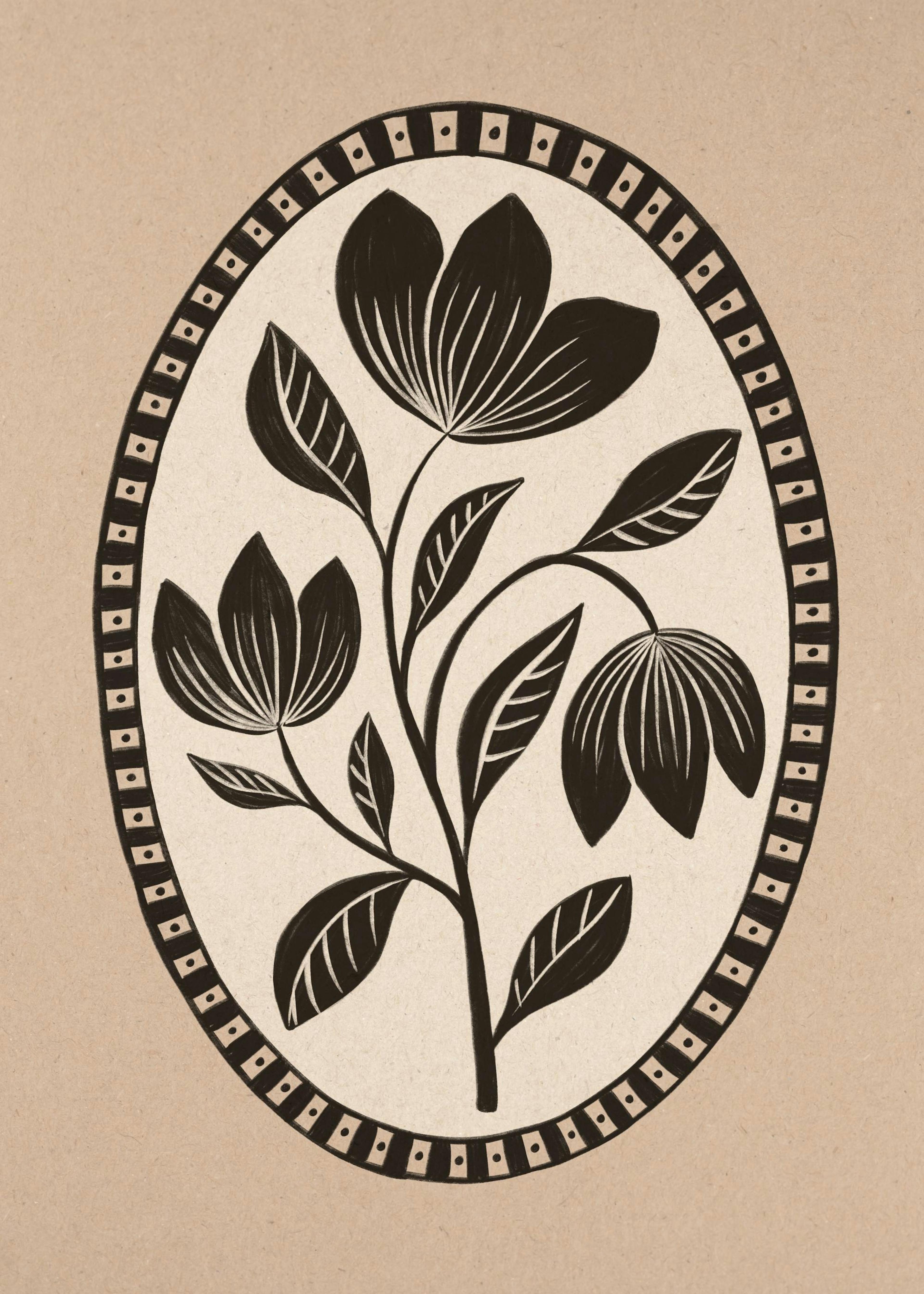 Gotische bloemenposter met silhouet van een plant binnen een sierlijke ovale omlijsting op een getextureerde achtergrond.
