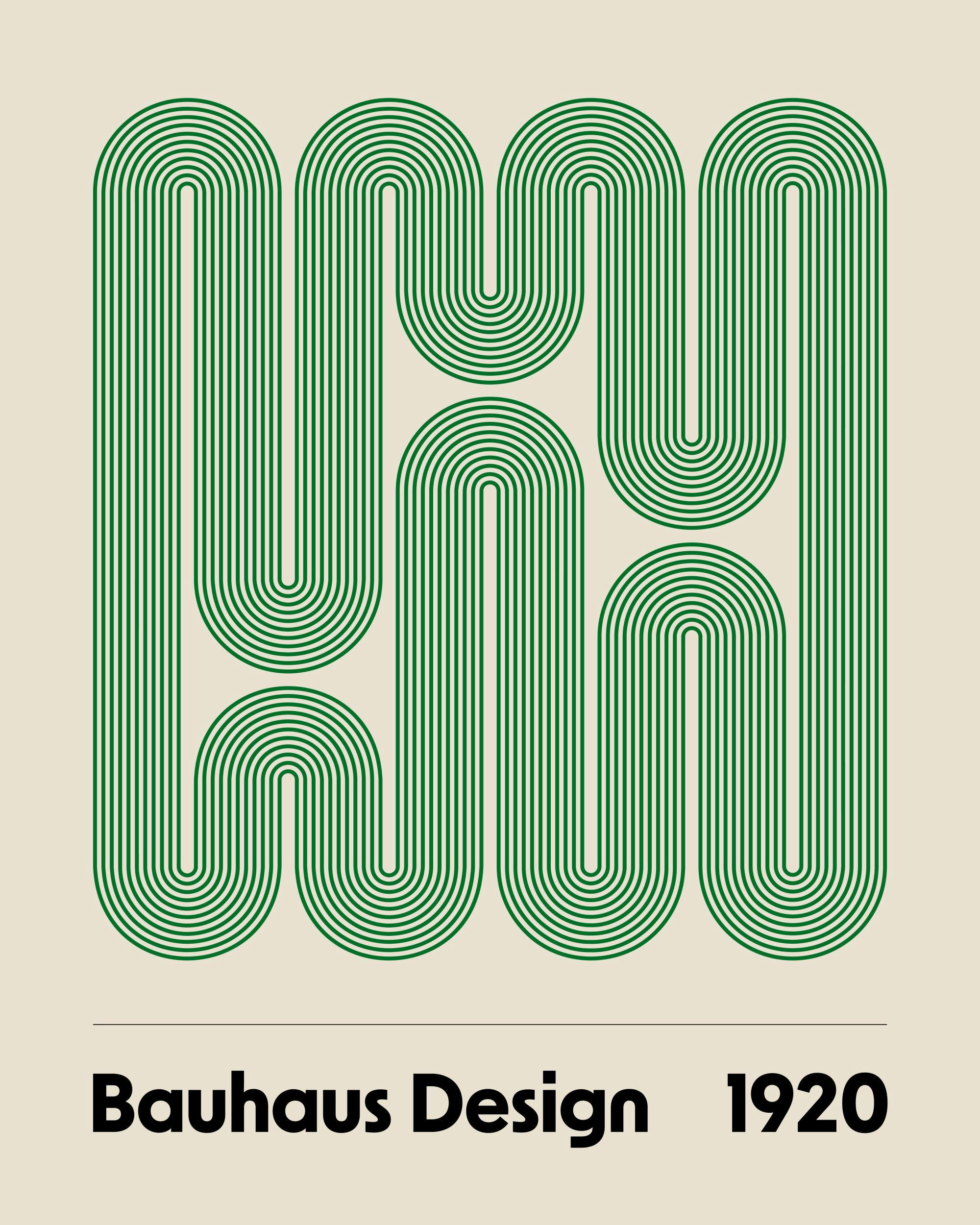Bauhaus-inspirerad poster med gröna slingrande geometriska linjer, texturerade former på en beige bakgrund, design 1920.