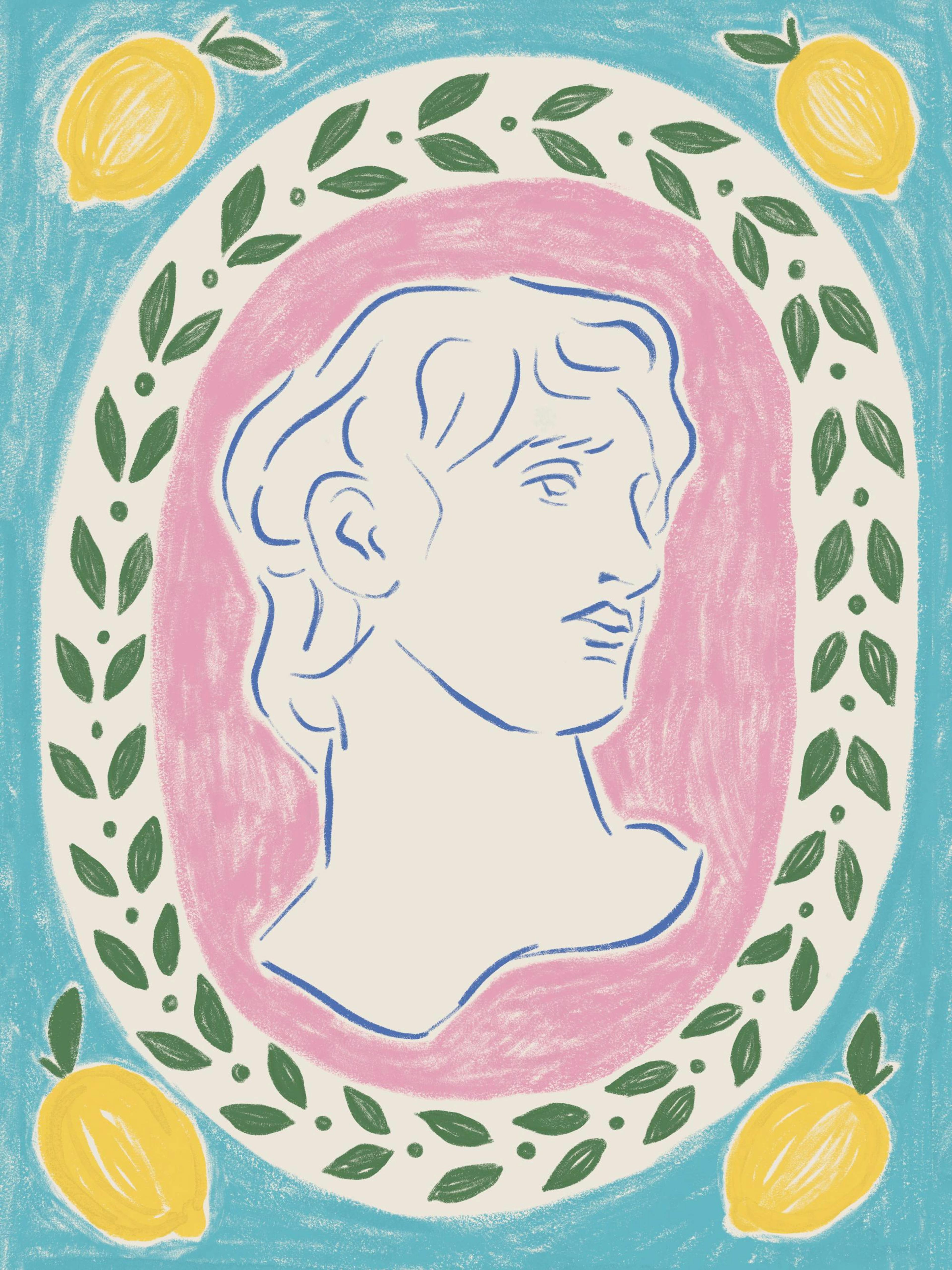 Affiche dune statue romaine au profil, entourée de citrons et de feuilles, dans des tons pastel.