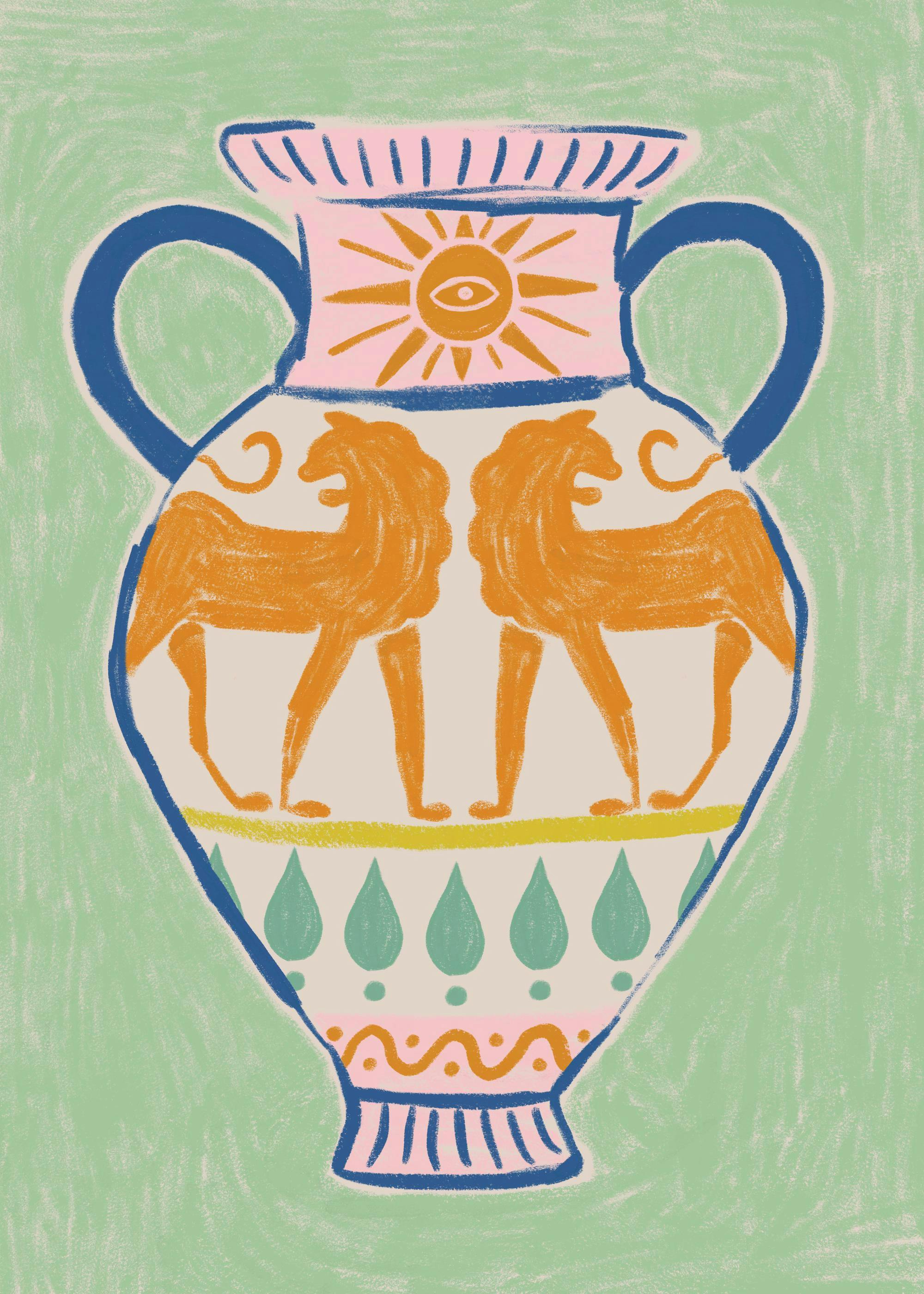 Colourful Greek amphora print with pink vase, orange lions, sun motif, green teardrops, and swirl patterns on a poster.